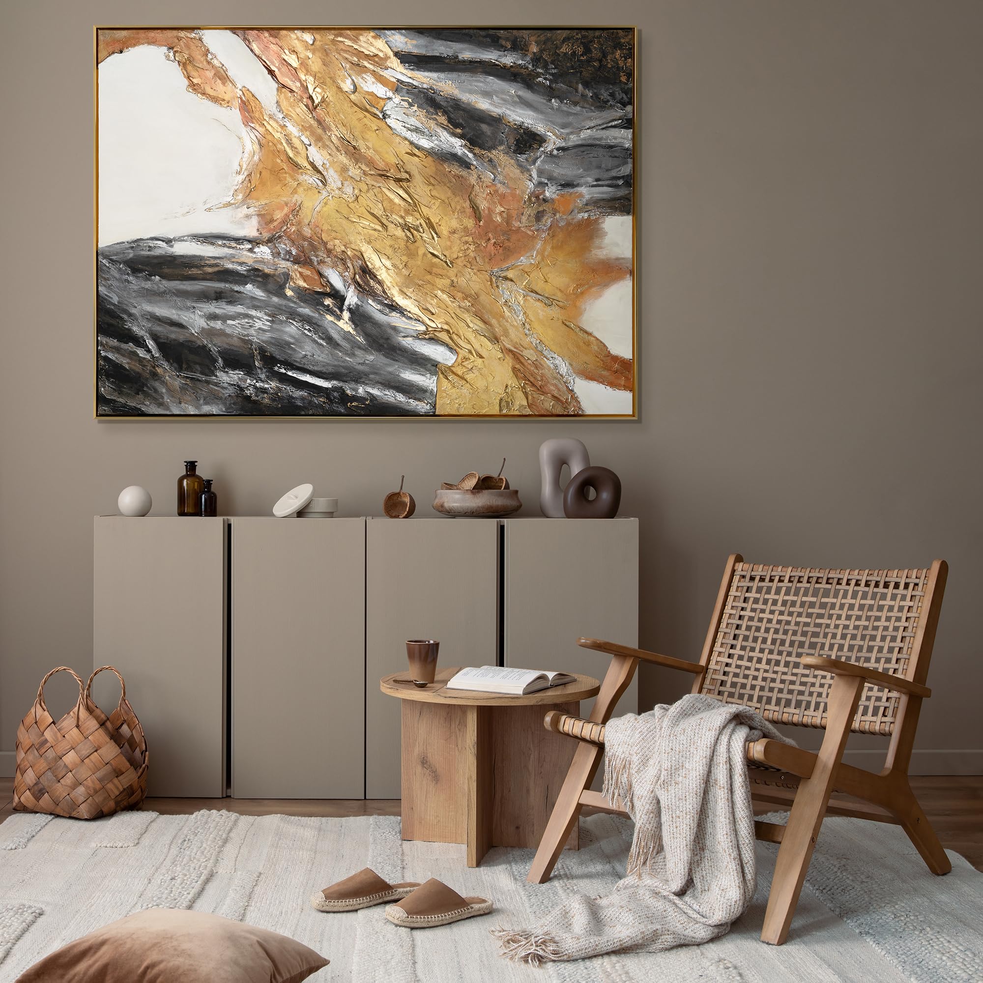 YS-Art Quadro Astratto Moderno Oro Nero e Bianco Dipinto a Mano su Tela con Texture Materica per Soggiorno Camera da Letto Ufficio 140x100 cm