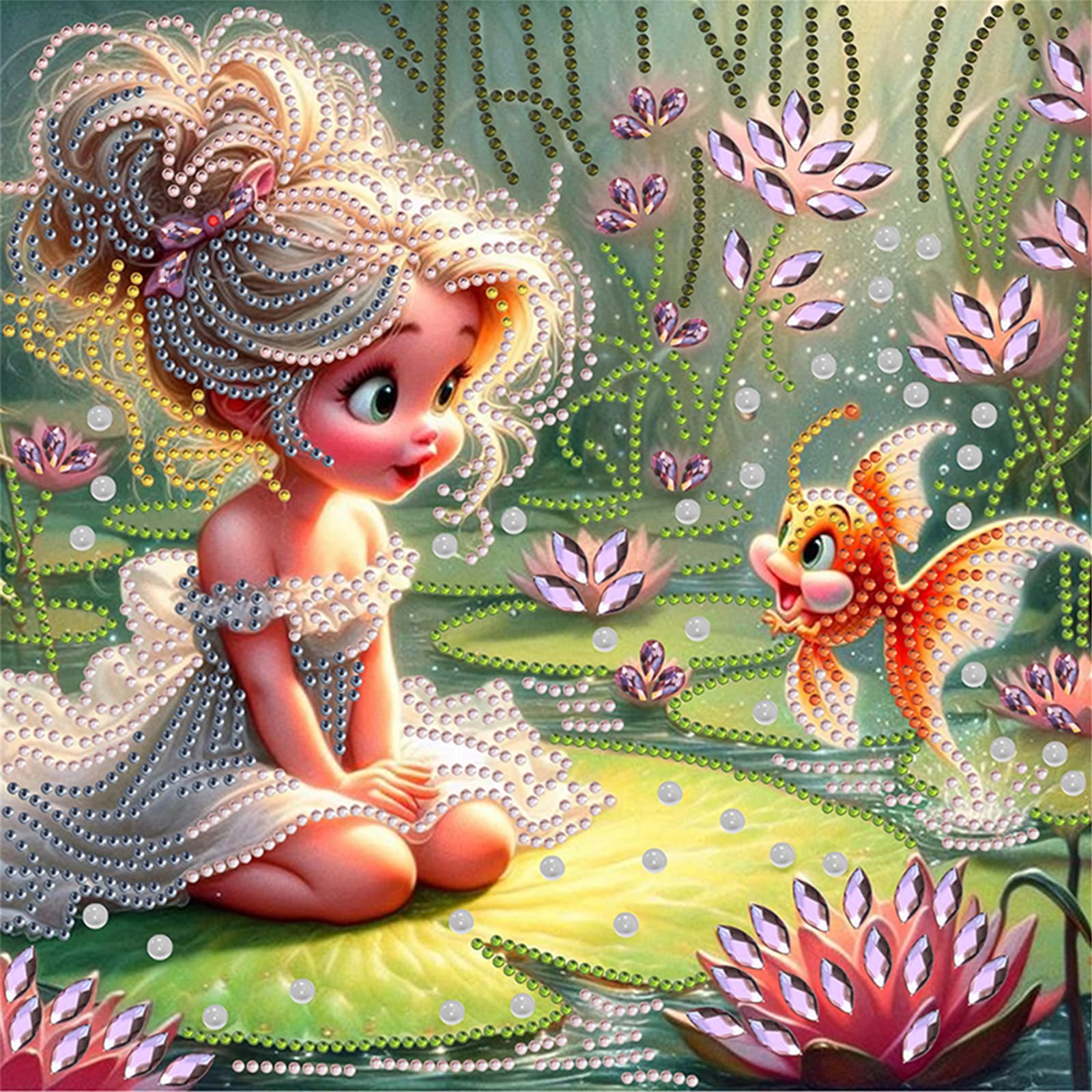 5D Special Shape Diamond Art Painting Kits for Adults, DIY Crystal Rhinestone Gem Art Craft for Beginners, Diamond Mosaic Kit, Home Wall Decor Gift 11.8x11.8 Inch(Girl with Goldfish)