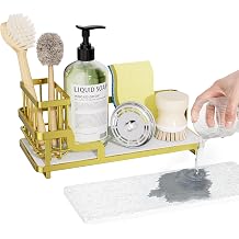 Consumest Sponge Holder for Kitchen Sink - Sink Caddy Organizer with Water Absorbing Stone Tray, Detachable Brush Holder, Stainless Steel Kitchen Counter Organizer Rack, Gold