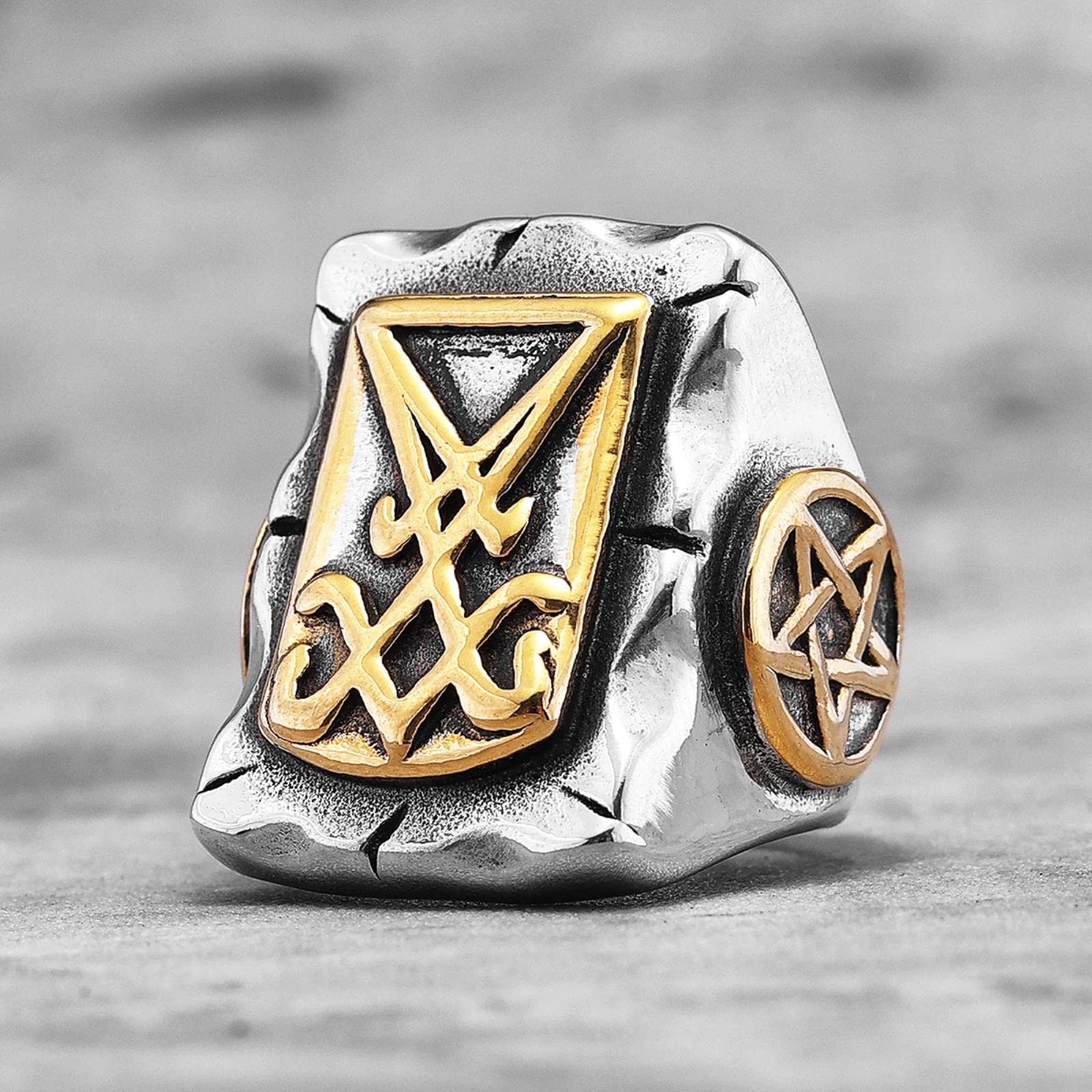 XJruixi Punk Lucifer Satan Pentagram Stainless Steel Mens Rings Retro Gothic for Male Boyfriend Biker Jewelry Creativity Gift Wholesale