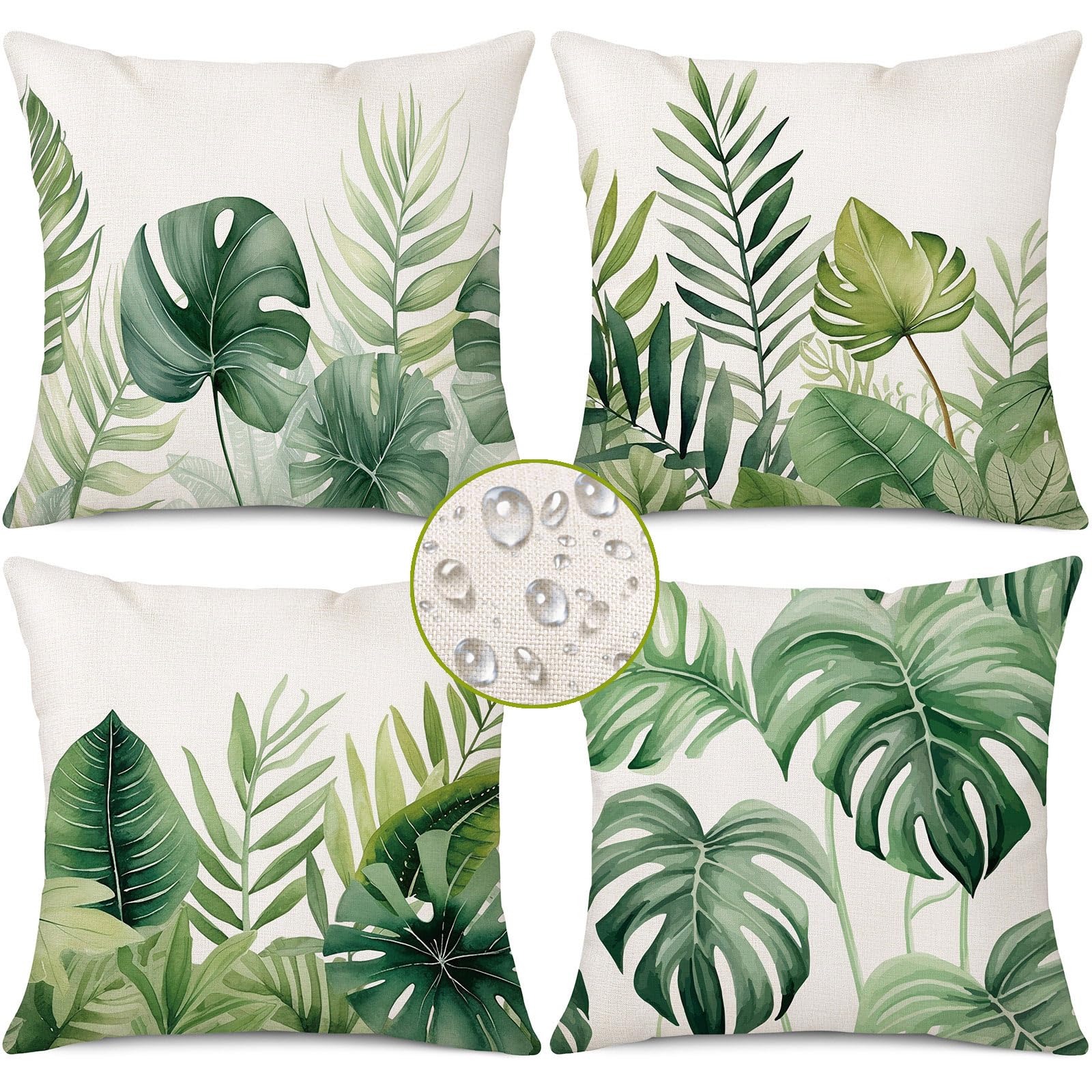 Gujiahone Tropical Leaves Outdoor Waterproof Pillow Covers 18 X 18 Inch Set of 4 Palm Leaf Plant Decorative Cushion Cases for Patio Furniture Garden