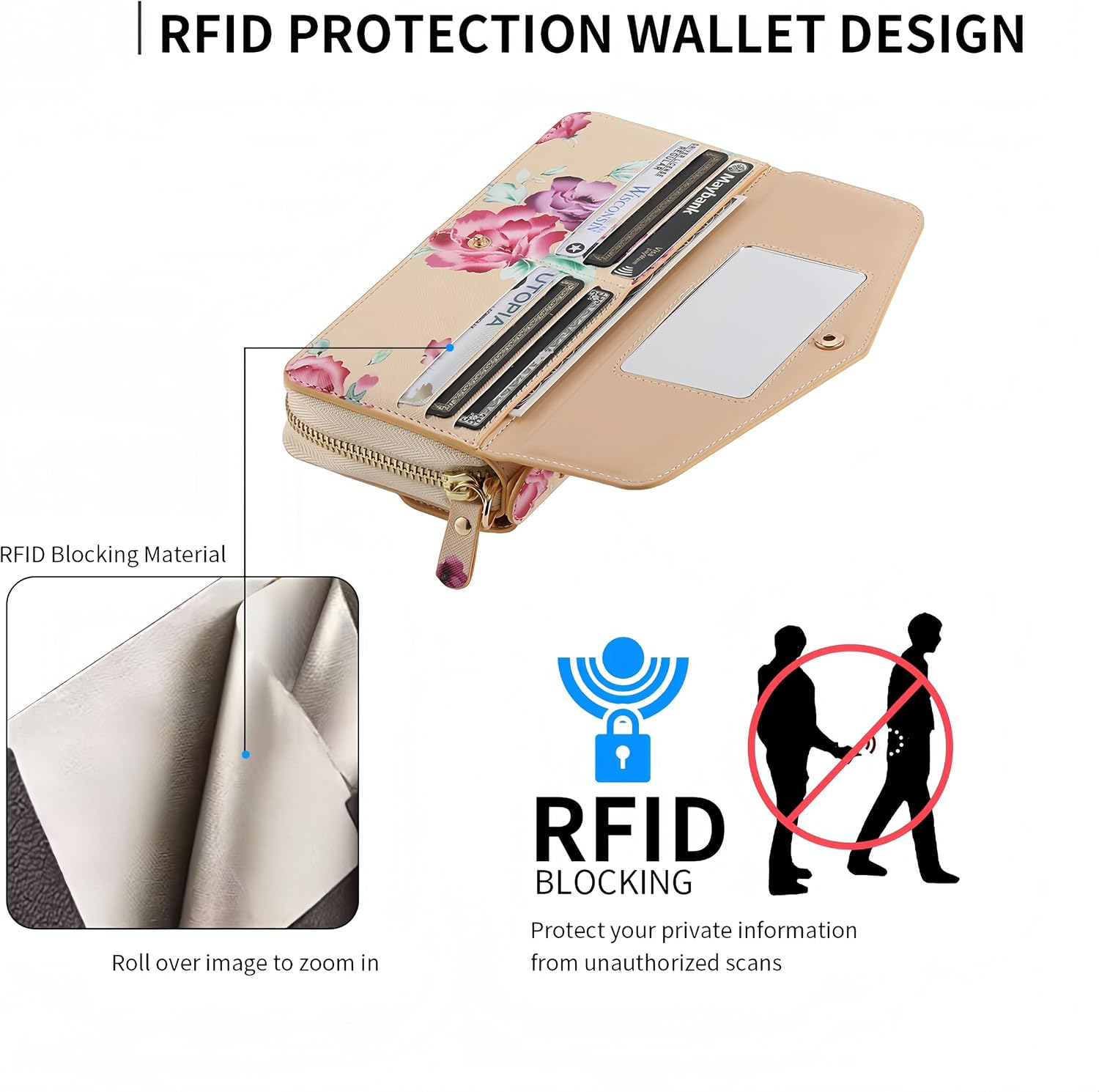 for iPhone 15 Wallet Case, Magnetic Removable PU Leather Flip Phone Case with Card Holder, RFID Blocking Wristband, Mirrored Zipper Wallet for Women Yellow