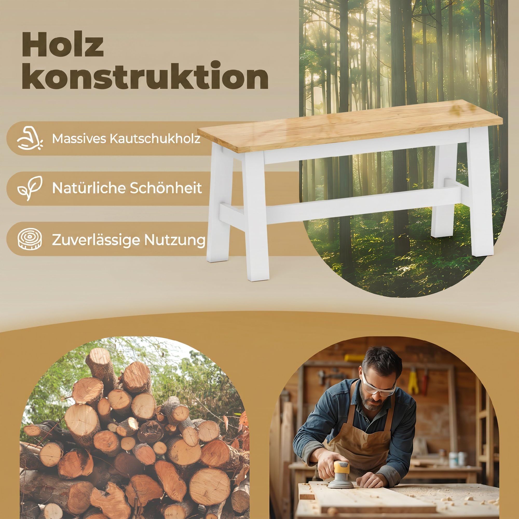 HOMCOM Sitzbank für Esszimmertisch Küchenbank aus Kautschukholz Holzbank mit Landlaus-Stil Essbank für Esszimmer, Eingang, Schlafzimmer, bis 240 kg, 95 x 30 x 45 cm, Eiche