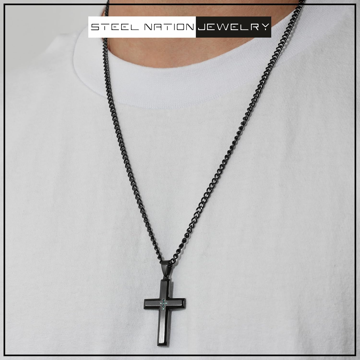Black Cross Pendant Necklace for Men 24" Stainless Steel Cuban Chain, Mens Jewelry - Choice of Colors