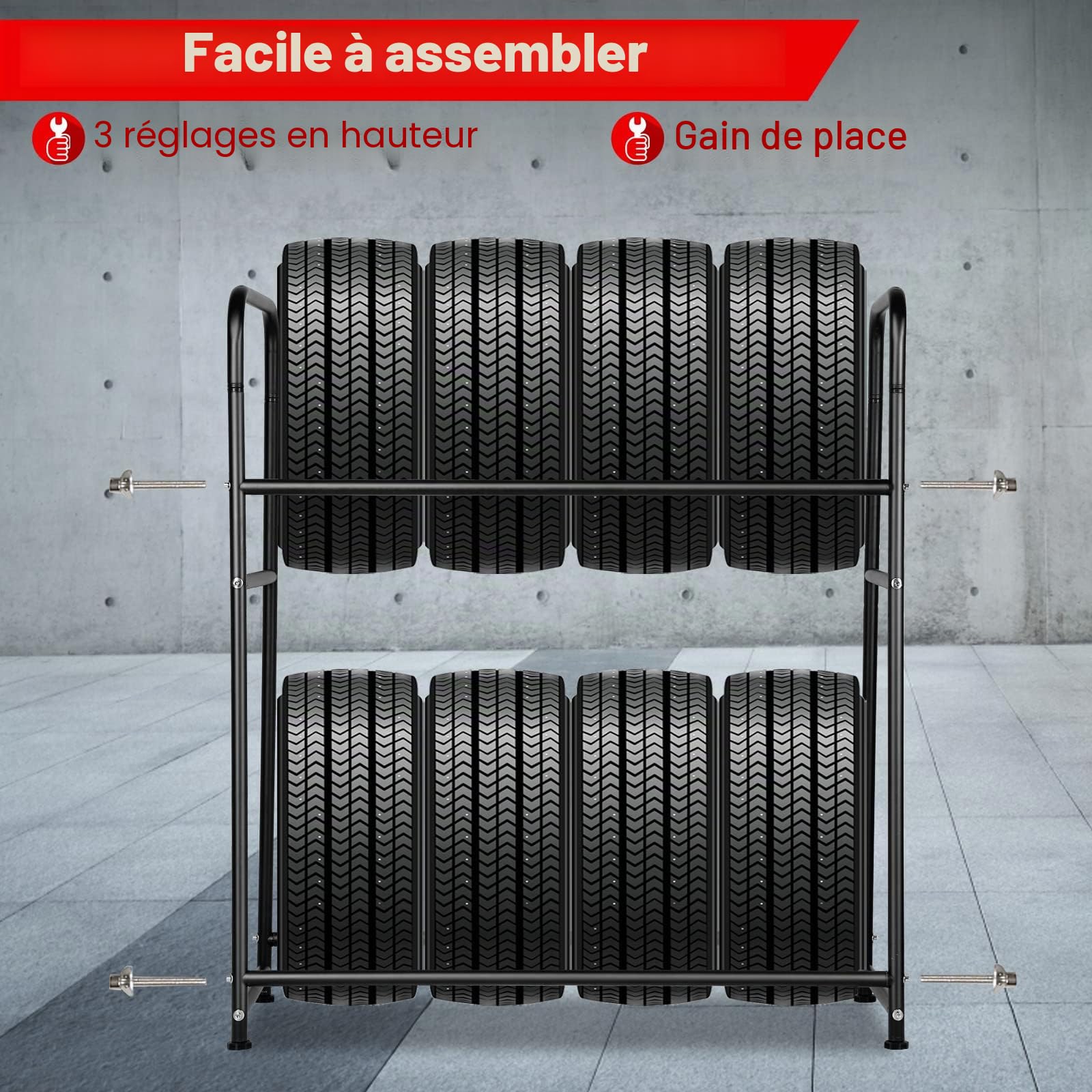 1 étagère à pneus pour 8 pneus, 107 x 46 x 117 cm, 2 niveaux de réglage de la hauteur, étagères de rangement, capacité de charge 180 kg avec housse de protection pour pneus, pour garage, cave,