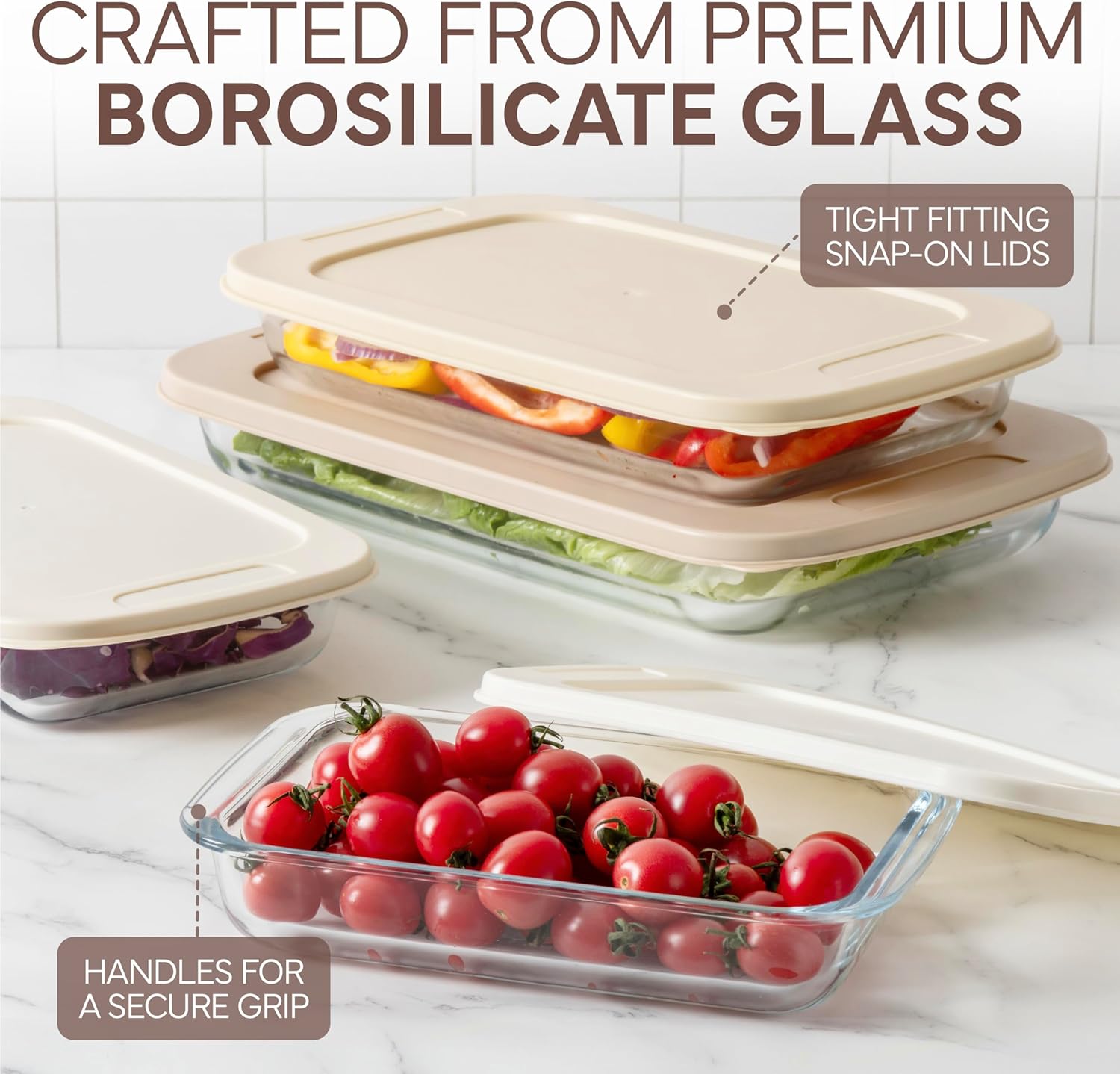 COOK WITH COLOR 8 PC. Glass Baking Dish Set with Lids - Deep Casserole Dish, Glass Food Container, Oven, Freezer and Microwave Safe, Clear Container, Brown