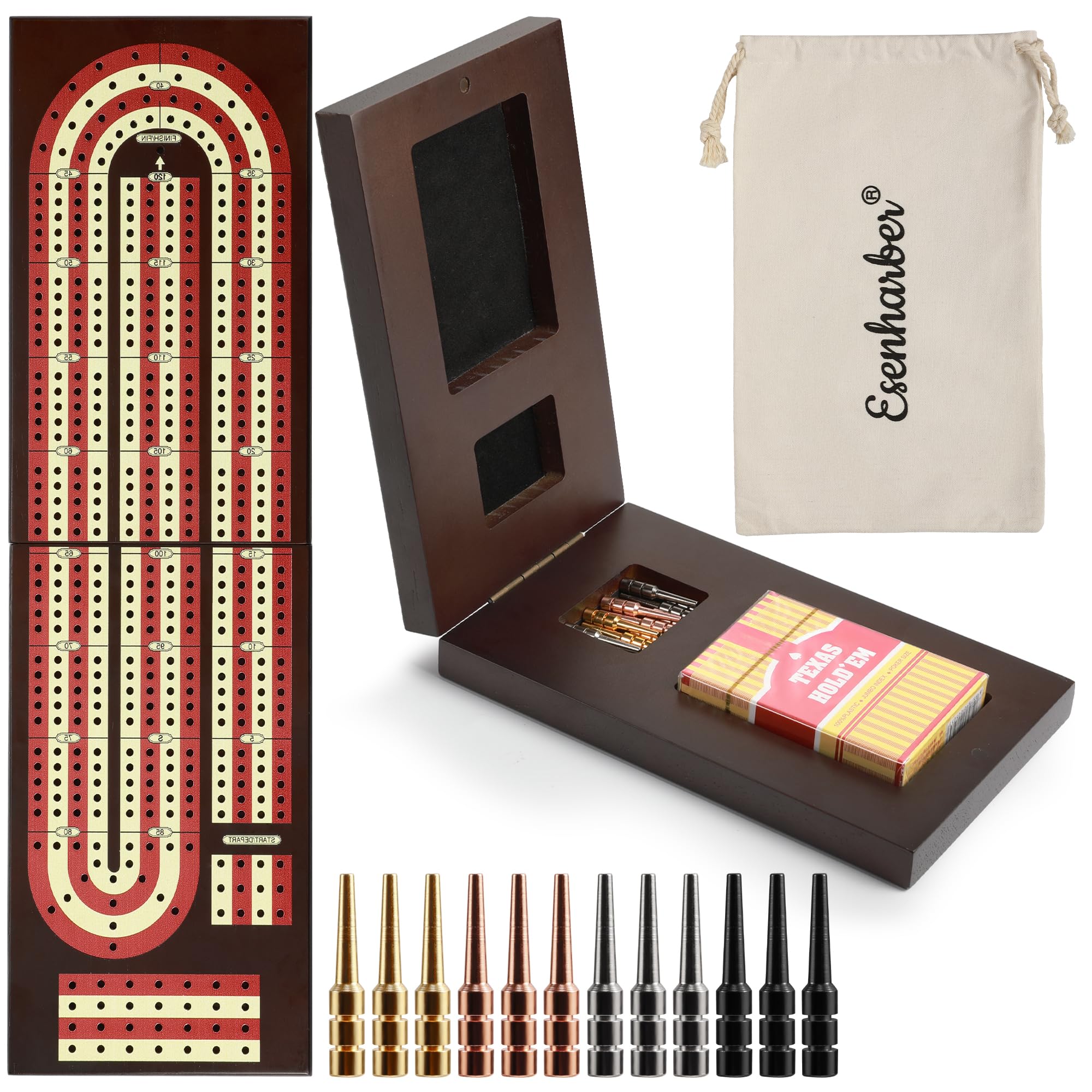 Cribbage Board, Foldable 4-Track Cribbage Board Game Set, Solid Wood Game Board with 12 Brass Pegs & Felt-Lined Storage, for 2-4 Players, with