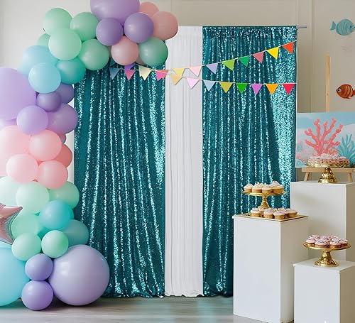 Juya Delight 2 x 8 pies x 2 piezas cortina de fondo de fotografía de lentejuelas verde azulado para decoración de bodas, fiestas, festivales,