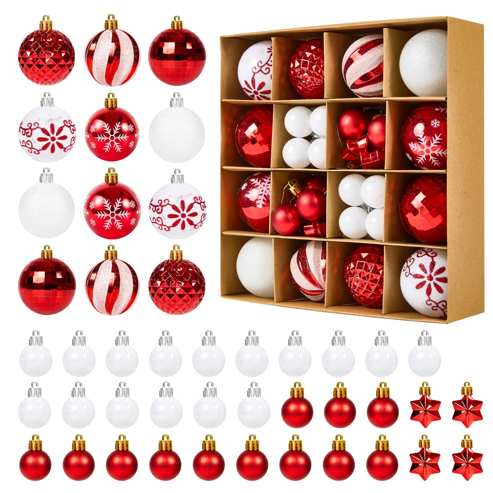Fuyuleyo 44Pcs Christmas Baubles, Red and White Christmas Tree Decorations Set