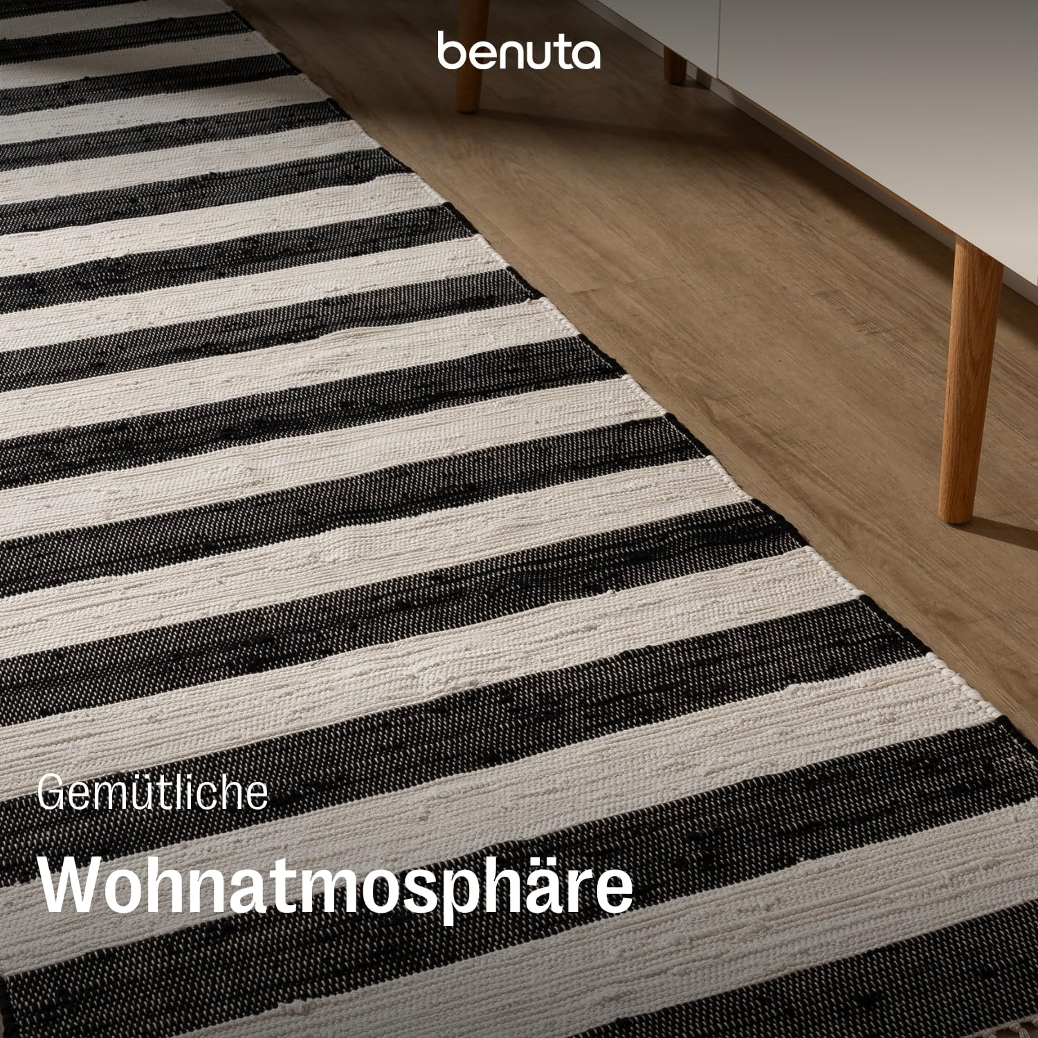 benuta Basic Baumwollteppich Tom - Schwarz/Creme 70x200 cm - Handgewebter Wohnzimmer Teppich - 100% Recycelte Baumwolle - Für Fußbodenheizung geeignet