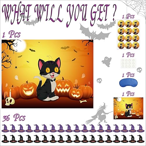 Miniatura 3 de Morcheiong Juego de Halloween Pin The Tail on The Cat Game con 36 sombreros, actividades de fiesta de Halloween, suministros para niños