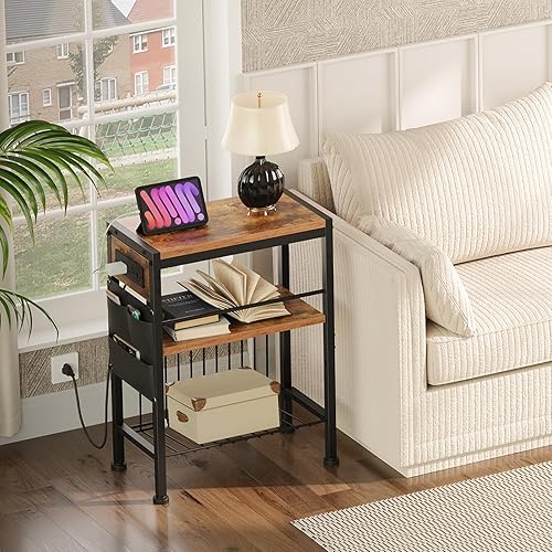 Miniatura 4 de HOOBRO Mesa auxiliar con estación de carga, mesa auxiliar pequeña con soporte para revistas, mesita de noche, estante de almacenamiento de 3 niveles