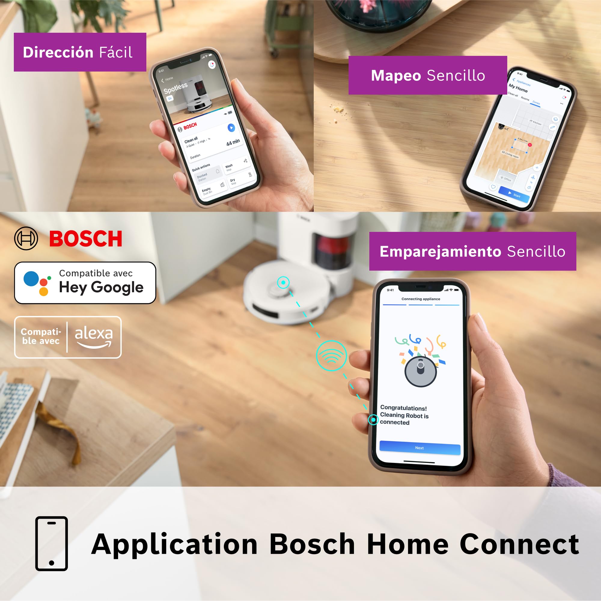 Bosch - Robot Aspirador Spotless +, aspira y friega, Potencia 11.000 Pa², Almohadilla húmeda Fija, estación Seca, Sistema Inteligente de visión por Infrarrojos, Bosch Home Connect App, Blanco, BCRD1W