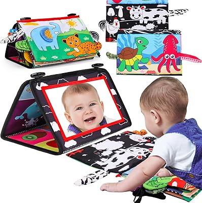 Baby Mirror Toys with Crinkle Cloth Book for Infants 0-3 Months Tummy Time Toys for Baby 3-6 Months High Contrast Newborn Sensory Toy for 0-6 7 9 Month Teething Toys for Babies 6-12 Month Shower Gifts