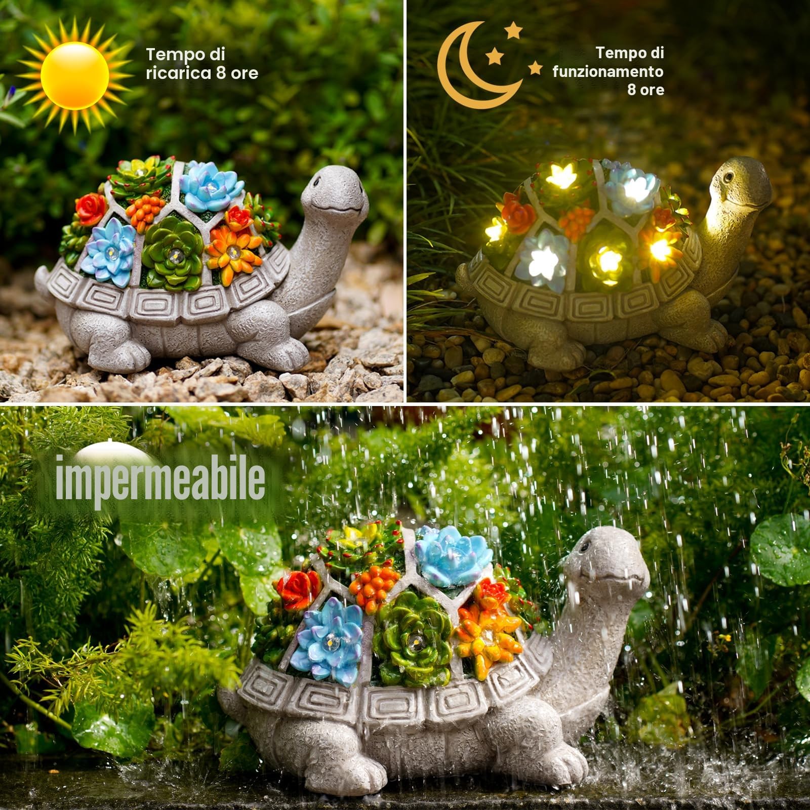 Yeomoo - Statuetta da giardino a energia solare a forma di tartaruga con piante grasse e 7 luci a LED, decorazione per esterni, casa, balcone, camera da letto