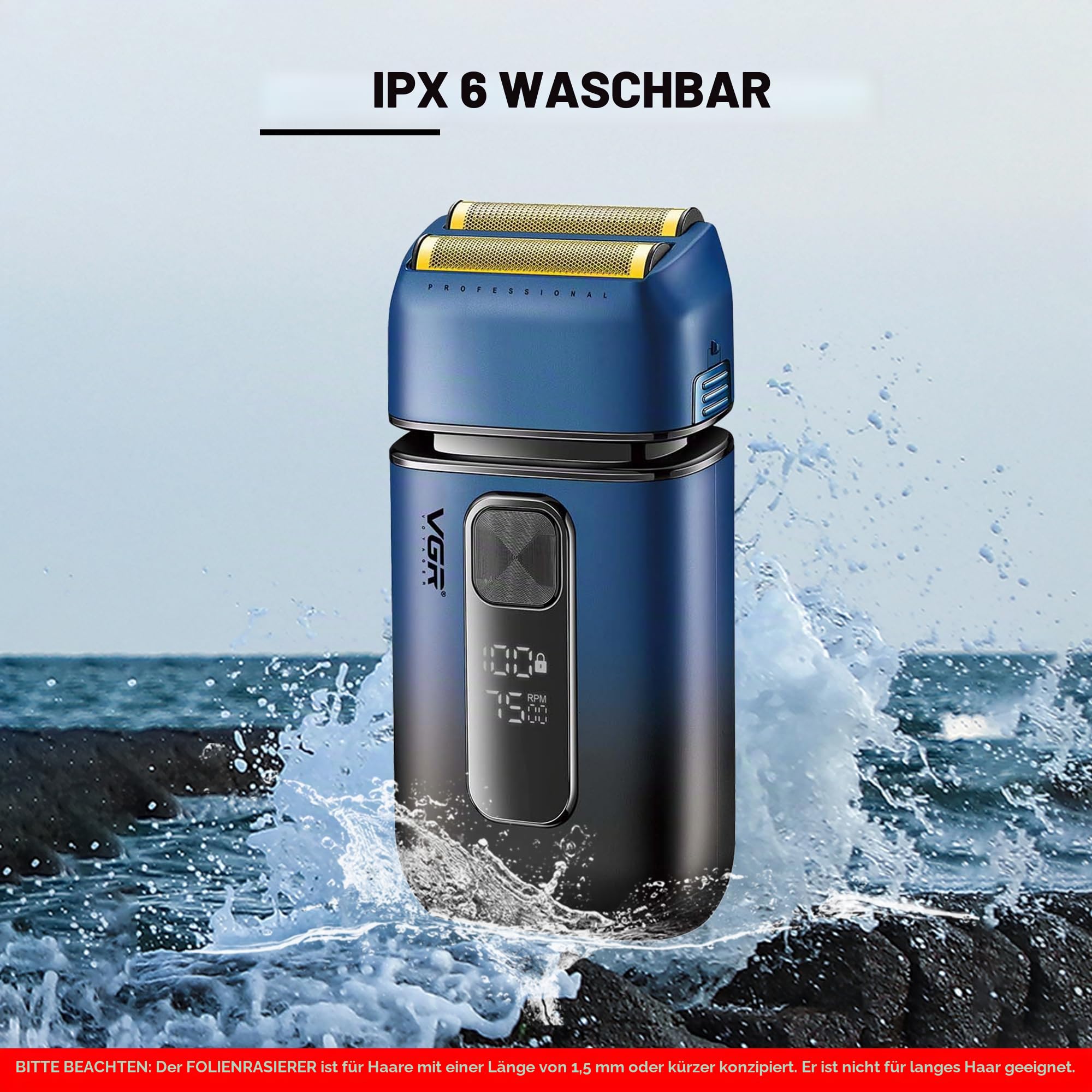 VGR Elektrischer Folienrasierer für Herren, 7500 U/min, Pop-Up-Trimmer, USB-C-wiederaufladbarer 120-min-Akku, für Gesicht, Haare, Bart, Hals, Glatze, Haut, verblassend