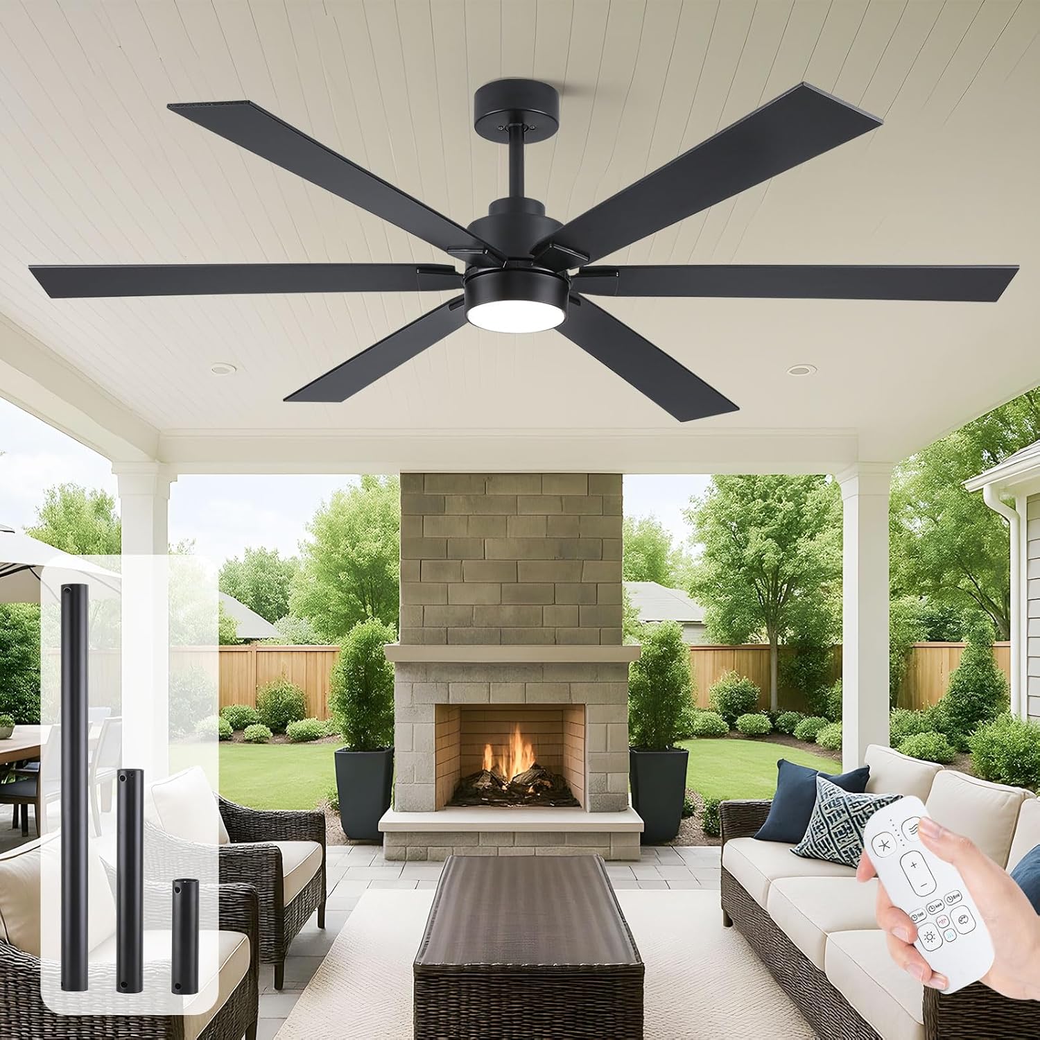 66 Inch Outdoor Ceiling Fans for Patios with Lights Damp Rated, Large Modern Black Ceiling Fans with 6 Blades, High CFM Quiet Reversible DC Motor, for Indoor Living Room Commercial Exterior Gazebo
