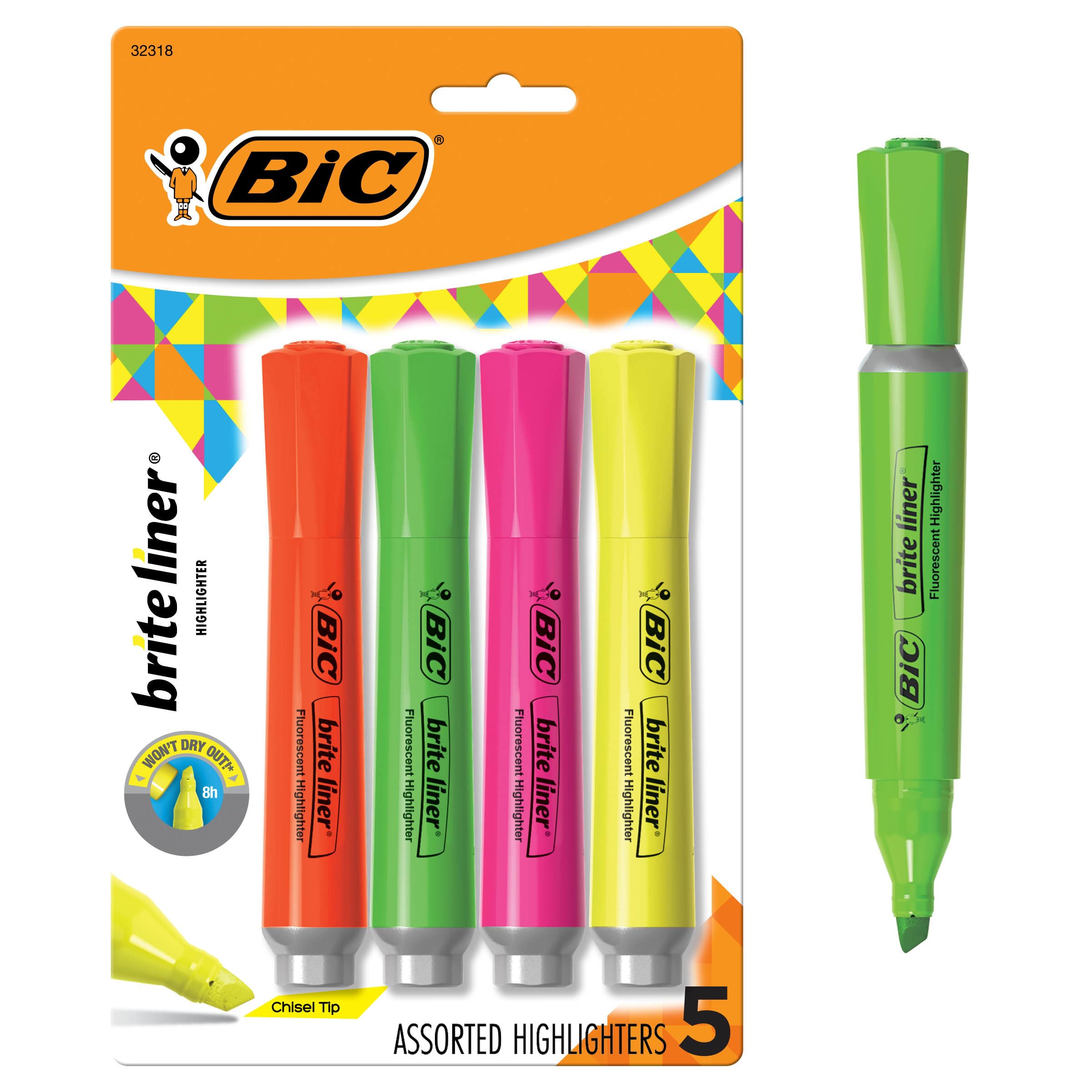 BIC Brite Liner Grip XL Highlighters, Chisel Tip, 4-Count Pack of Assorted Highlighters, Ideal Highlighter Set for Organizing and Coloring