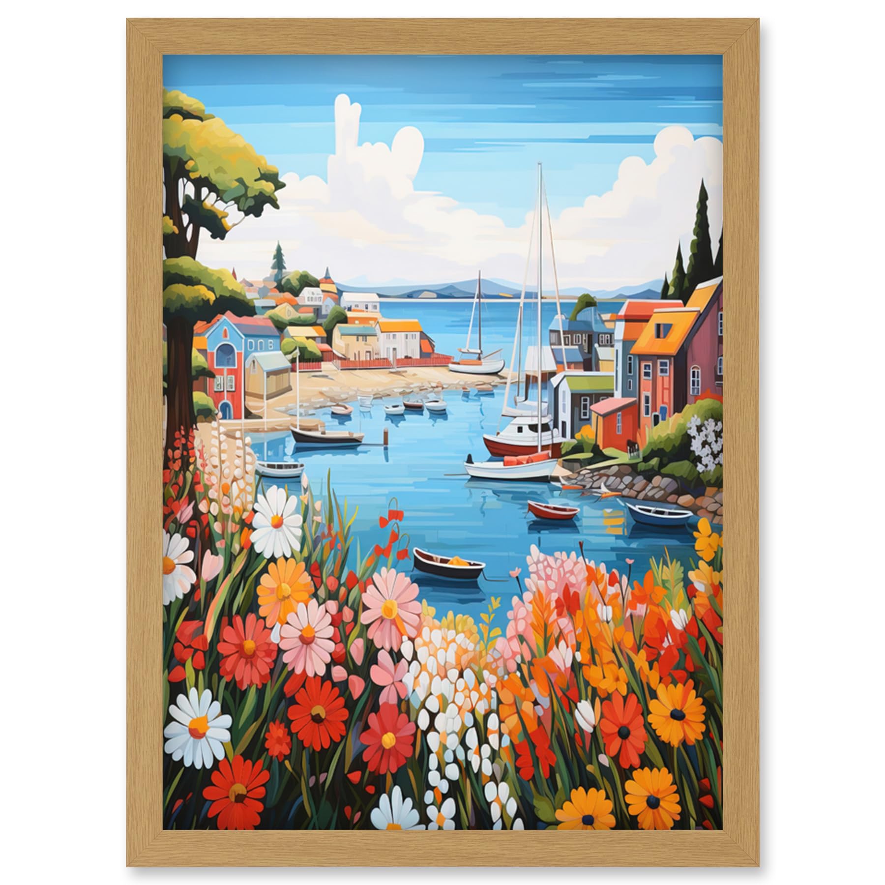 Artery8 Idyllic Scenic Seaside Fishing Village Bright Oil Painting Orange Pink Blue Bathroom Floral Artwork Harbor Bay Boats Coastal Landscape Artwork Framed Wall Art Print A4