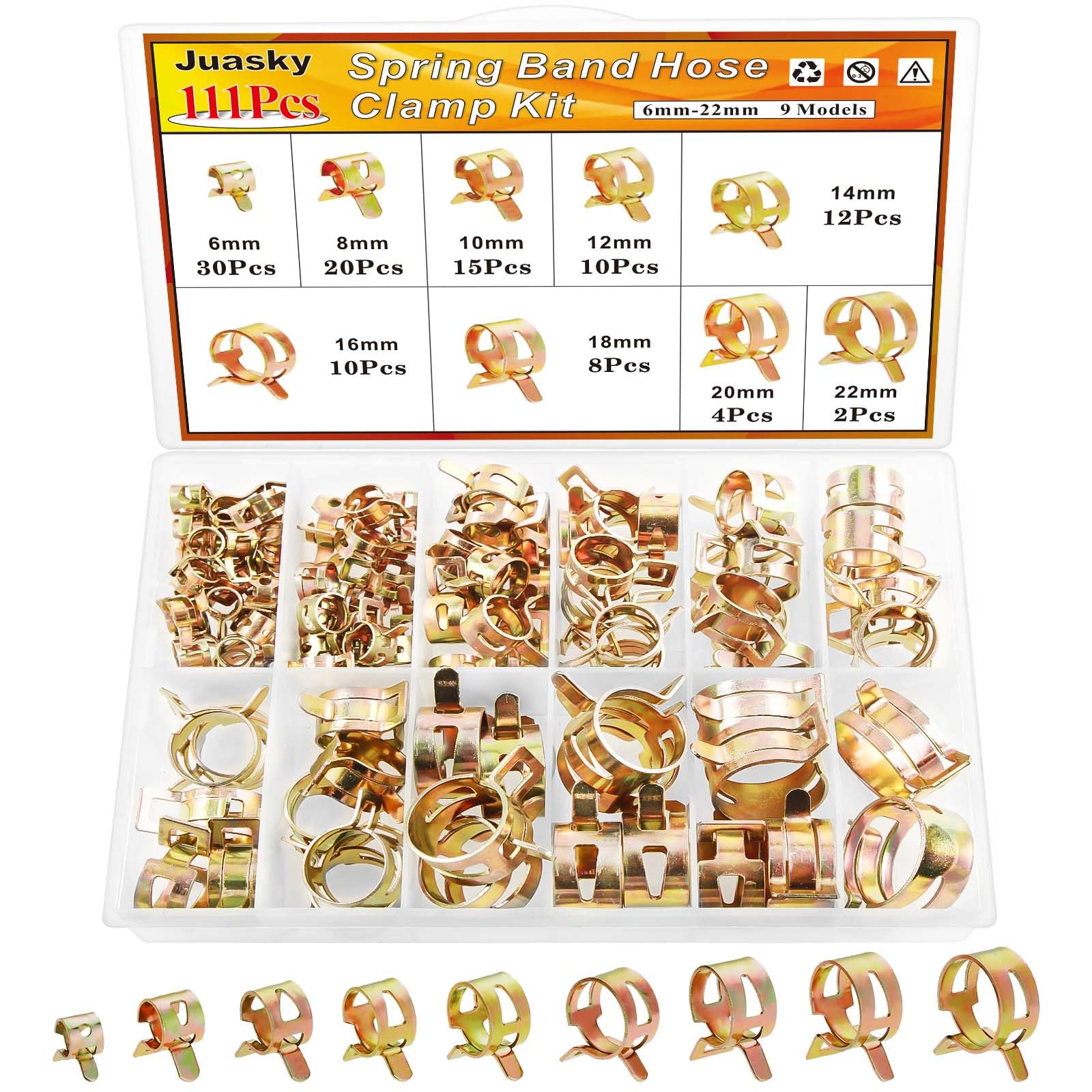 111pcs 6-22mm Spring Band Hose Clamp Kit,Tube Fastener Clips For Fuel Line Water Clamps