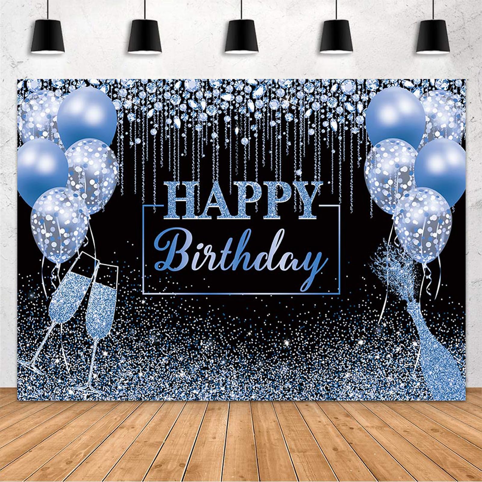 MEHOFOND Happy Birthday Backdrop Black and Blue Glitter Diamond Balloon Photography Background Black Blue Shinning Sparkle Birthday Party Decorations