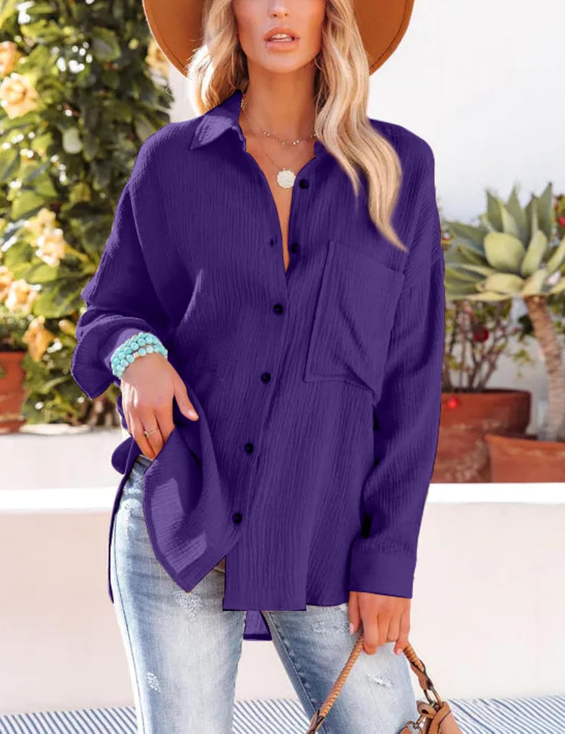 Mingzhu Womens Oversized Cotton Button Down Gauze Shirts Collared Long Sleeve Blouse Top - Image 3