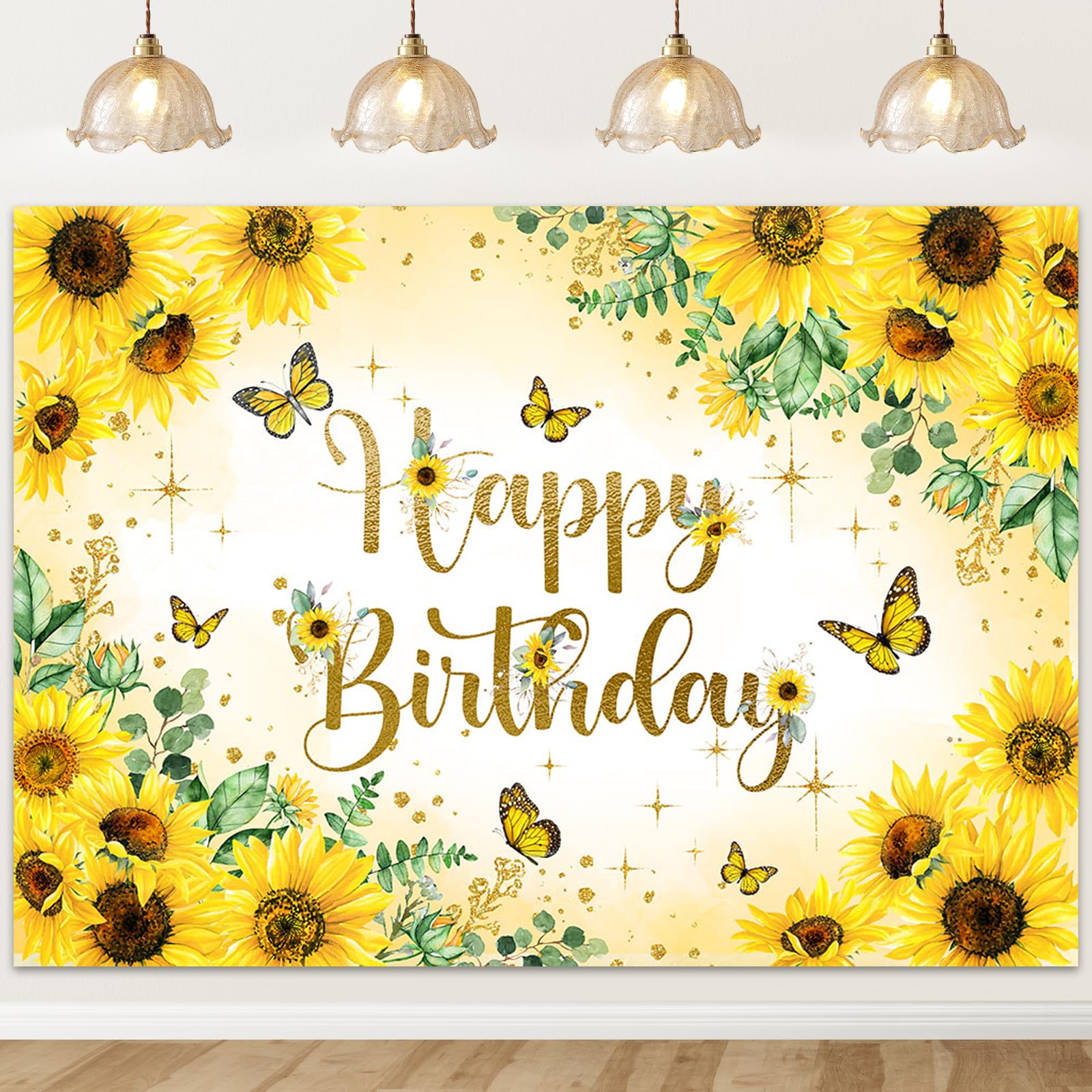 Mocsicka Sunflower Birthday Backdrop Butterfly Sunflowers Gold Dots Birthday Background for Girls Women Party Decoration Photo Booth Props (7x5ft)