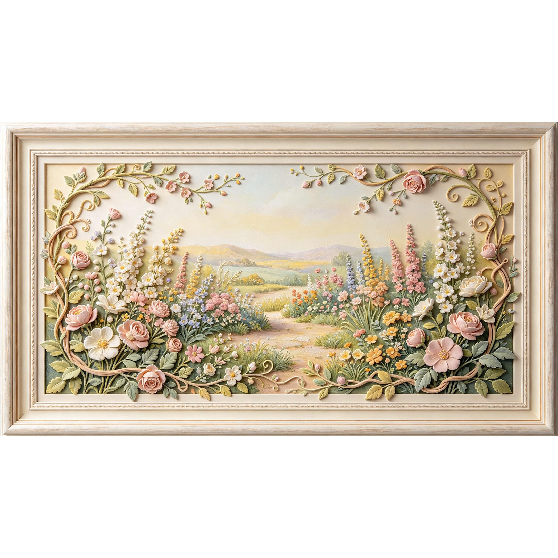 QZLITHOTIC 50×90cm3D Framed Wall Art， Pastel Wildflower Meadow Landscape SelfAdhesive Mural， WaterActivated Peel & Stick Fabric Decor Wall Decal for Bedroom Living Room