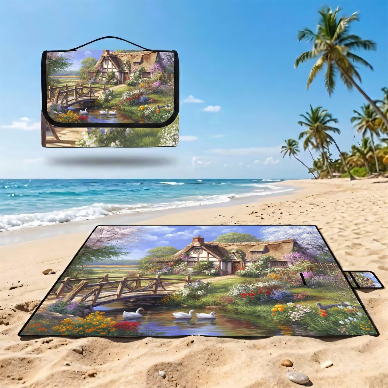 Couverture Pique Nique Grande 200x300cm,Outdoor Couverture Imperméable,Pliable Tapis de Plage Dos en PVC,Picnic Blanket pour Camping Accessoires,Jardin,Parc,Famille - Nature Sauvage,Campagne FZ-216