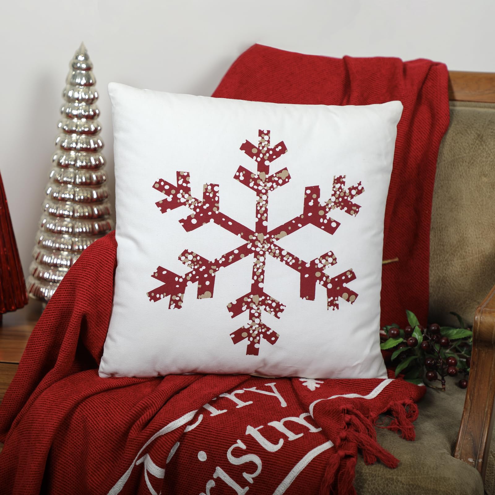 Snowflake Printed Cushion Cover - 16"x16" - Cream with Red Snowflake Design - Christmas Decorative Pillow Cover - Holiday Home Décor Accent