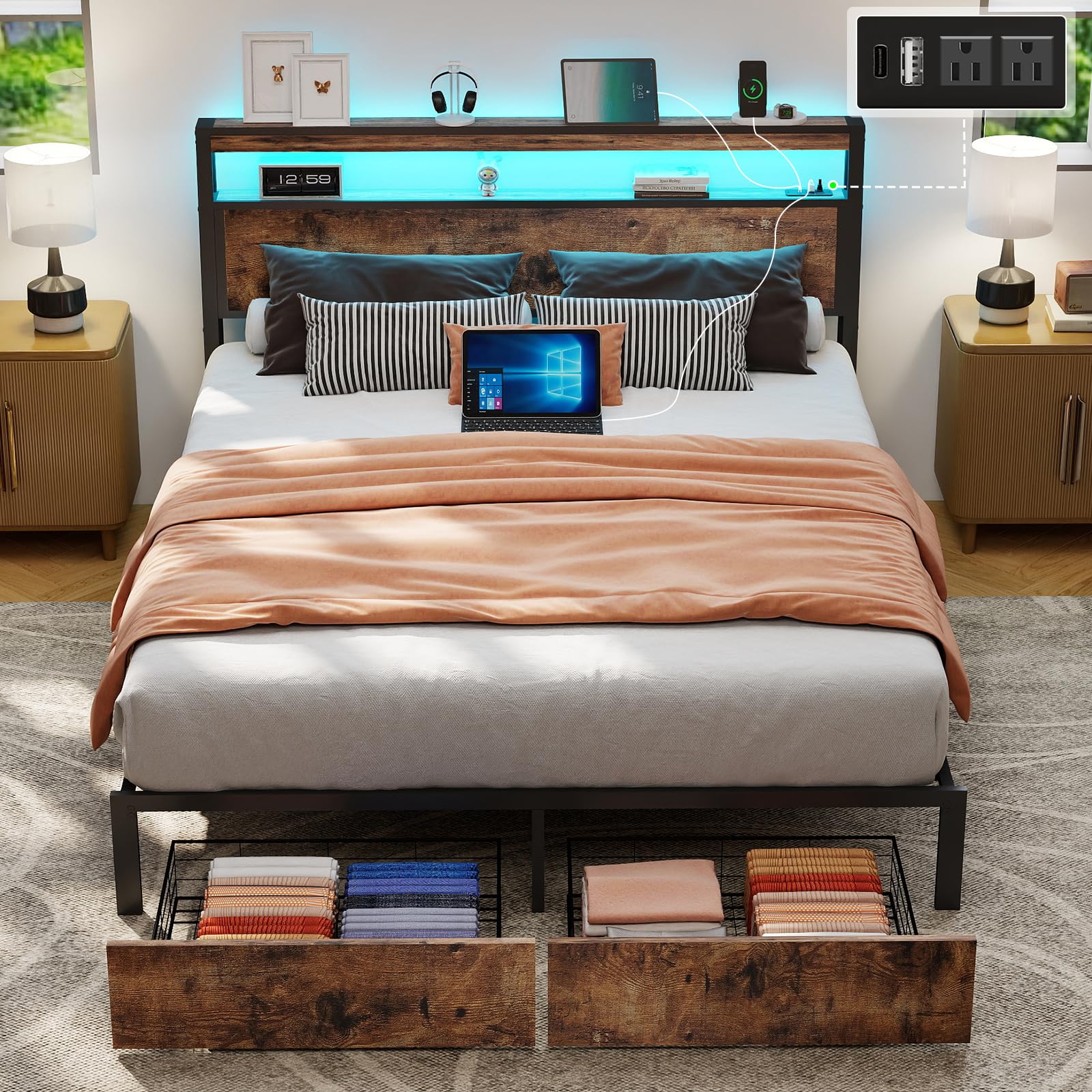 Photo 1 of ***FINAL SALES NO RETURN *** Full Size Bed Frame with 2 Storage Drawers, Full Bed Frame, Vintage Brown