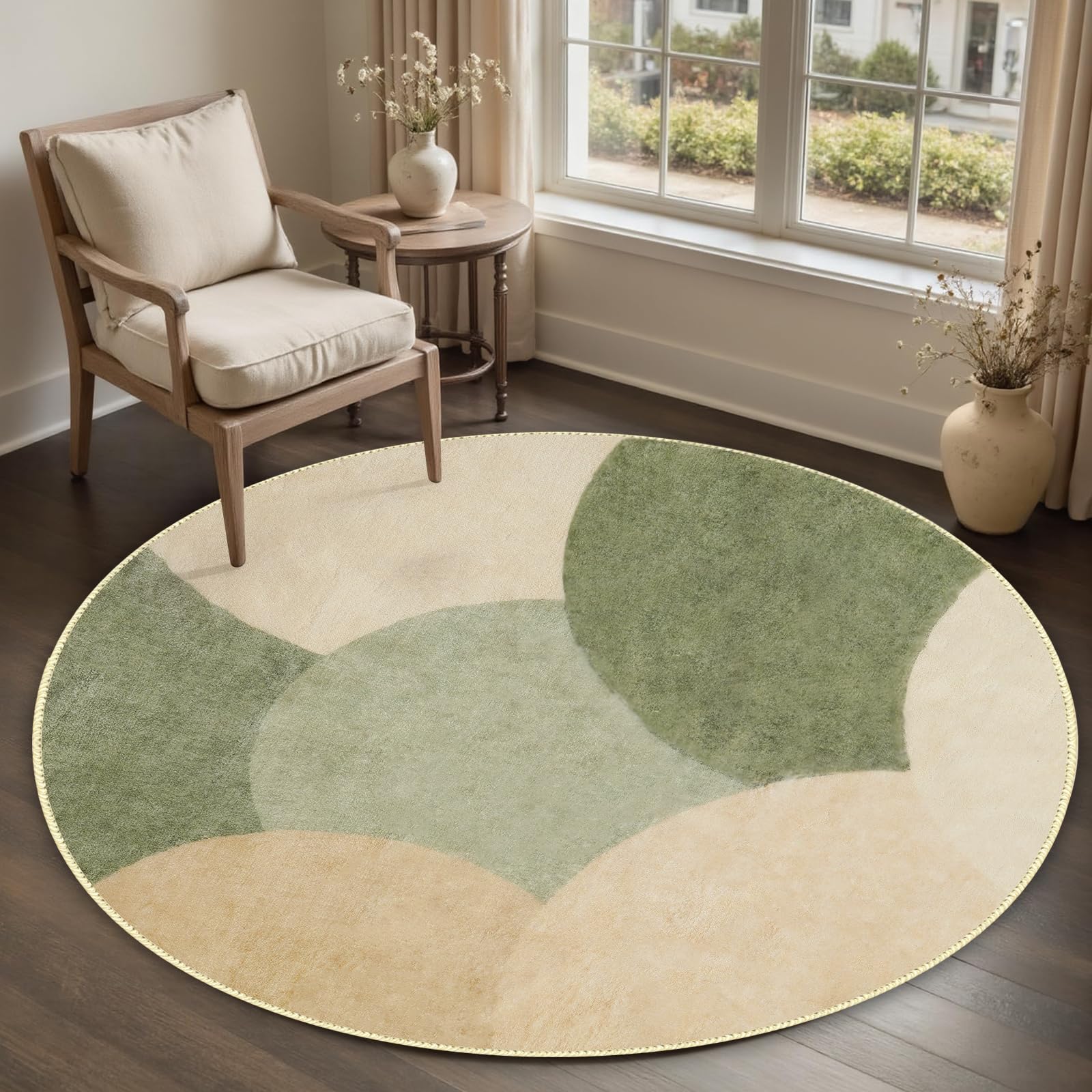 Runder Teppich 160cm Grün Beige Modern, Halbkreis Muster Flauschig Kurzflor, Antirutsch Wohnzimmer Teppich Waschbar Weich Kuschel