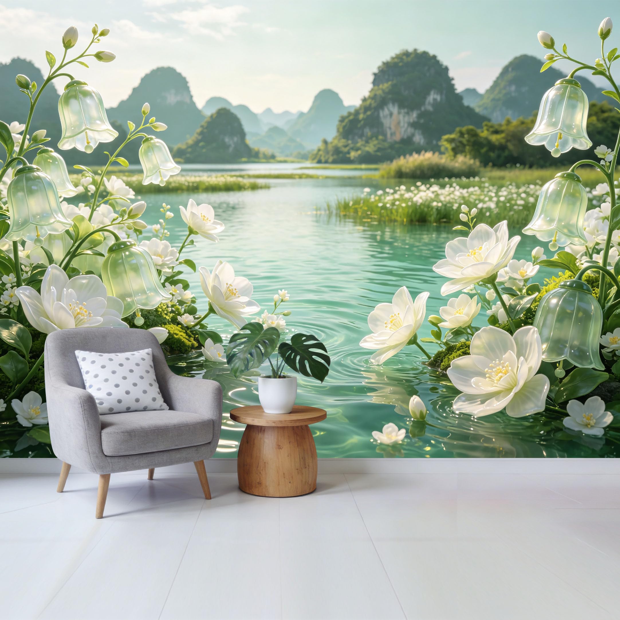 Qzlithotic Yq2605250569 Custom Size Wall Mural Serene Mountain Lake Botanical White Flowers Nature Landscape Trompe L'oeil Selfadhesive Wall Fabric Removable Wallpaper For Home Office Decor