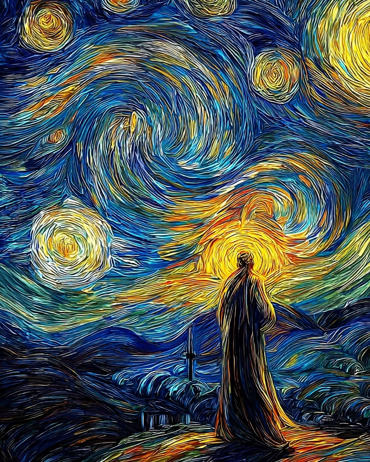Liubaishi Black Paint By Numbers Kit For Adults, 16X20 Inch, Walking Alone Under The Stars, Acrylic On Canvas, With 3 Brushes