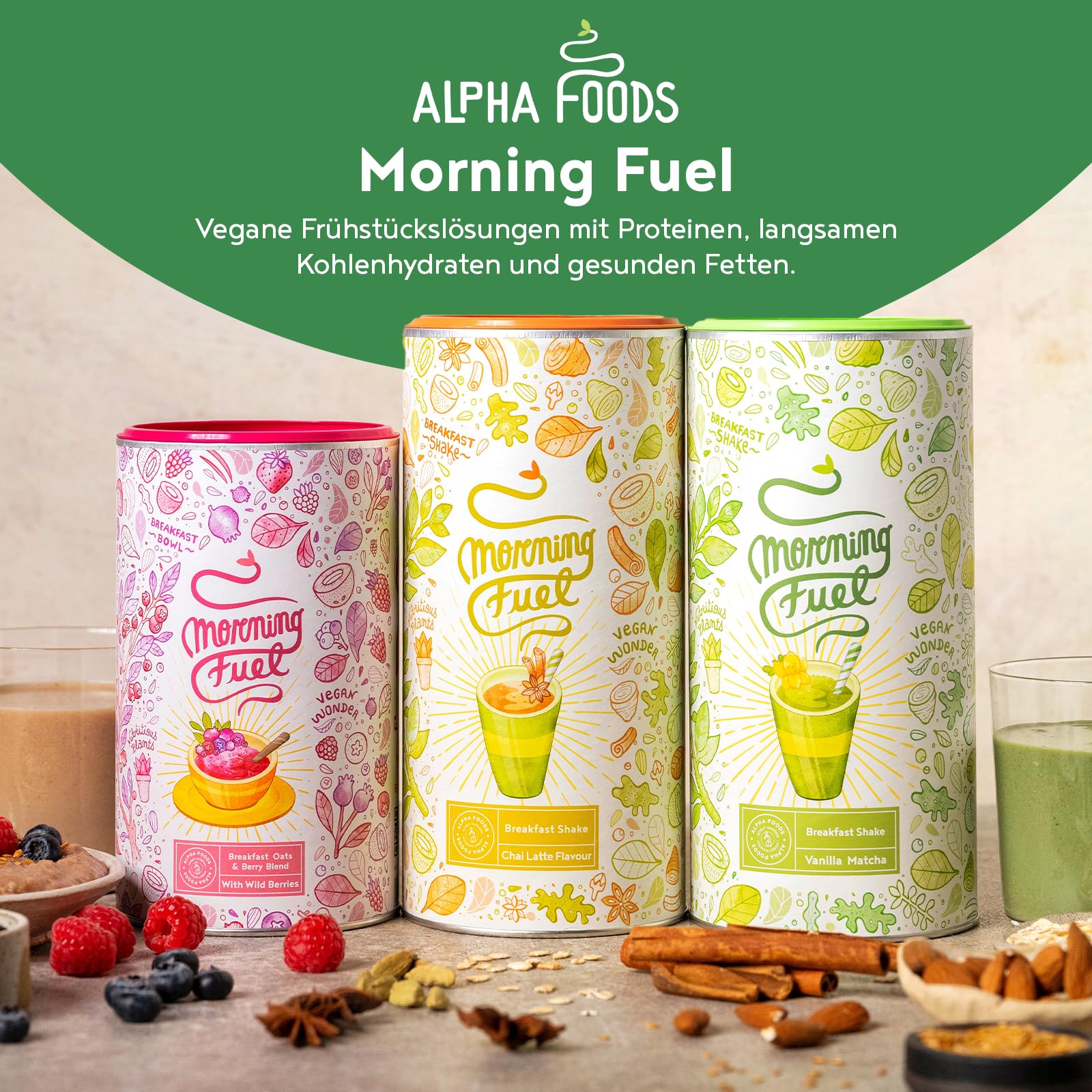 Alpha Foods Morning Fuel Vanille Matcha Shake, Morgens Satt & Gesund, Vitamin- und Nährstoffreiche Frühstücksmischung mit Protein aus Samen, Quinoa & Mandeln, 600 Gramm Pulver, 20 Portionen