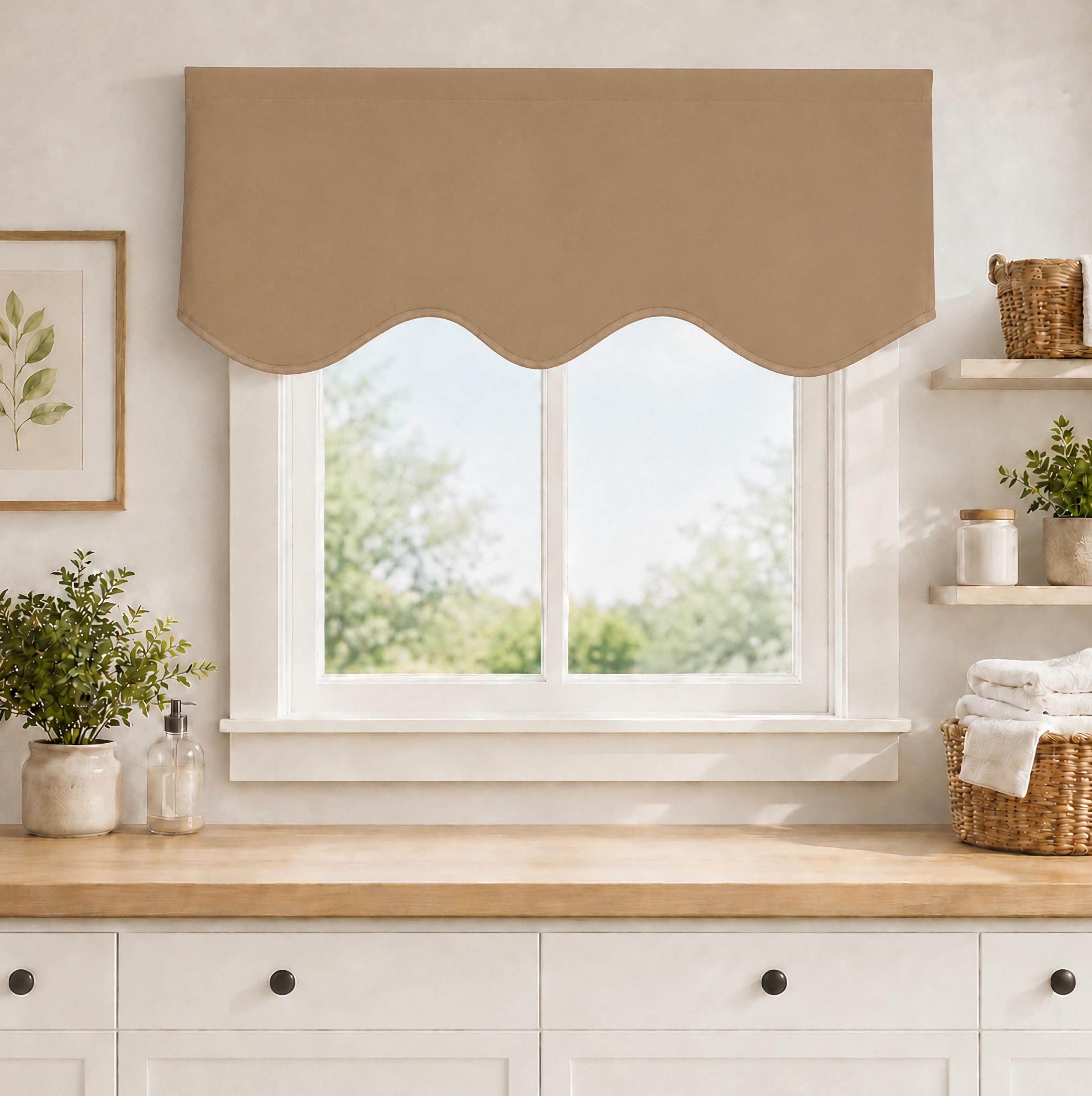 Aquazolax Window Treatments Blackout Scalloped Valance Solid Decorative Scalloped Curtain Valance, 52inch by 18inch, Taupe/Khaki, 1 Piece โ image 1