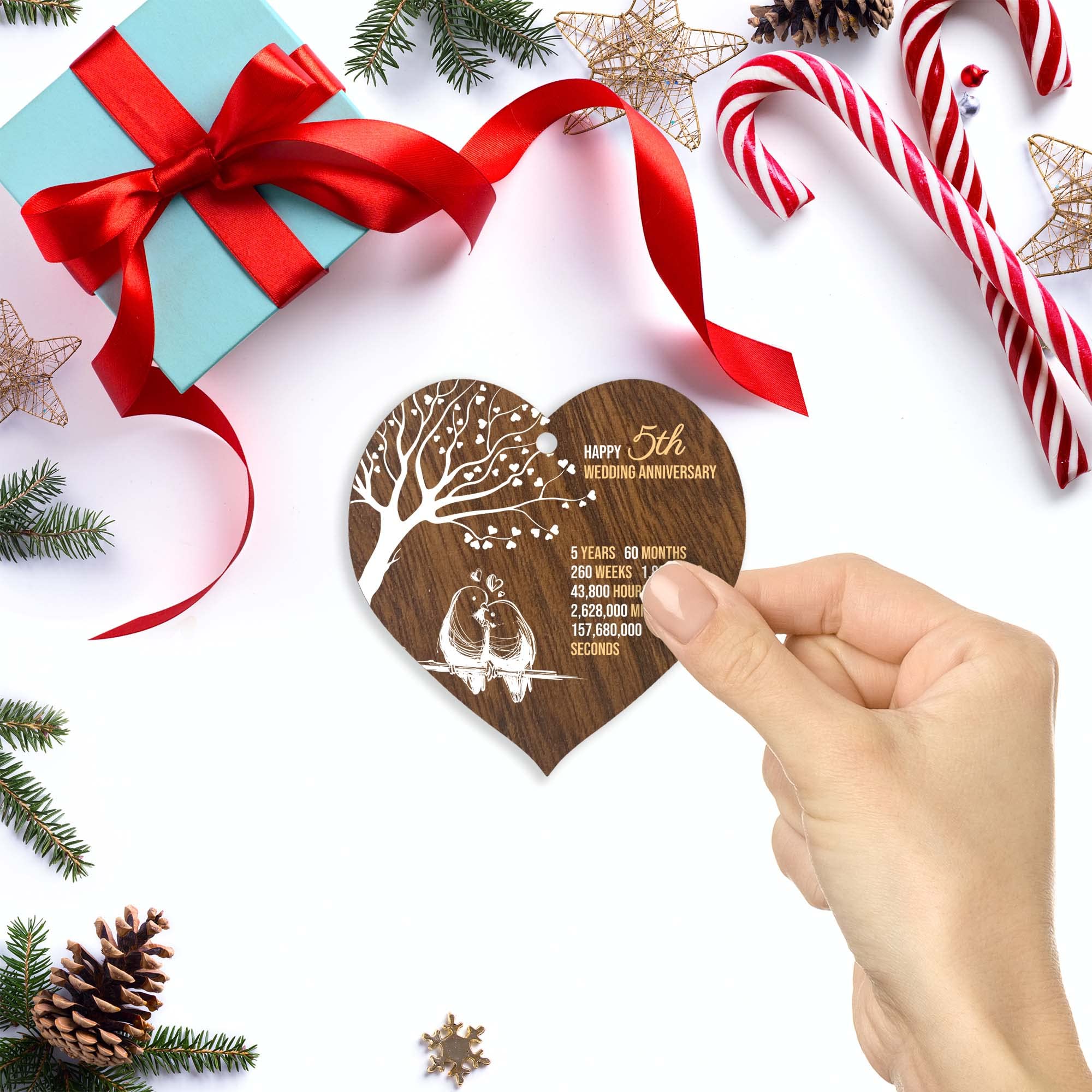 5th Wedding Anniversary Wooden Heart Plaque, Dark Wood Sign Keepsake, Celebrate Wooden Anniversary Wife Husband Boyfriend Girlfriend, Plaque with Quotes Gifts from the Kids — view 3
