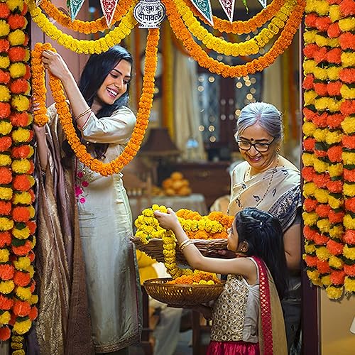 Vista 47 de Guirnalda de caléndula para decoración, 5 piezas de 5 pies de largo, flores artificiales de caléndula de caléndula, decoración india para Pooja