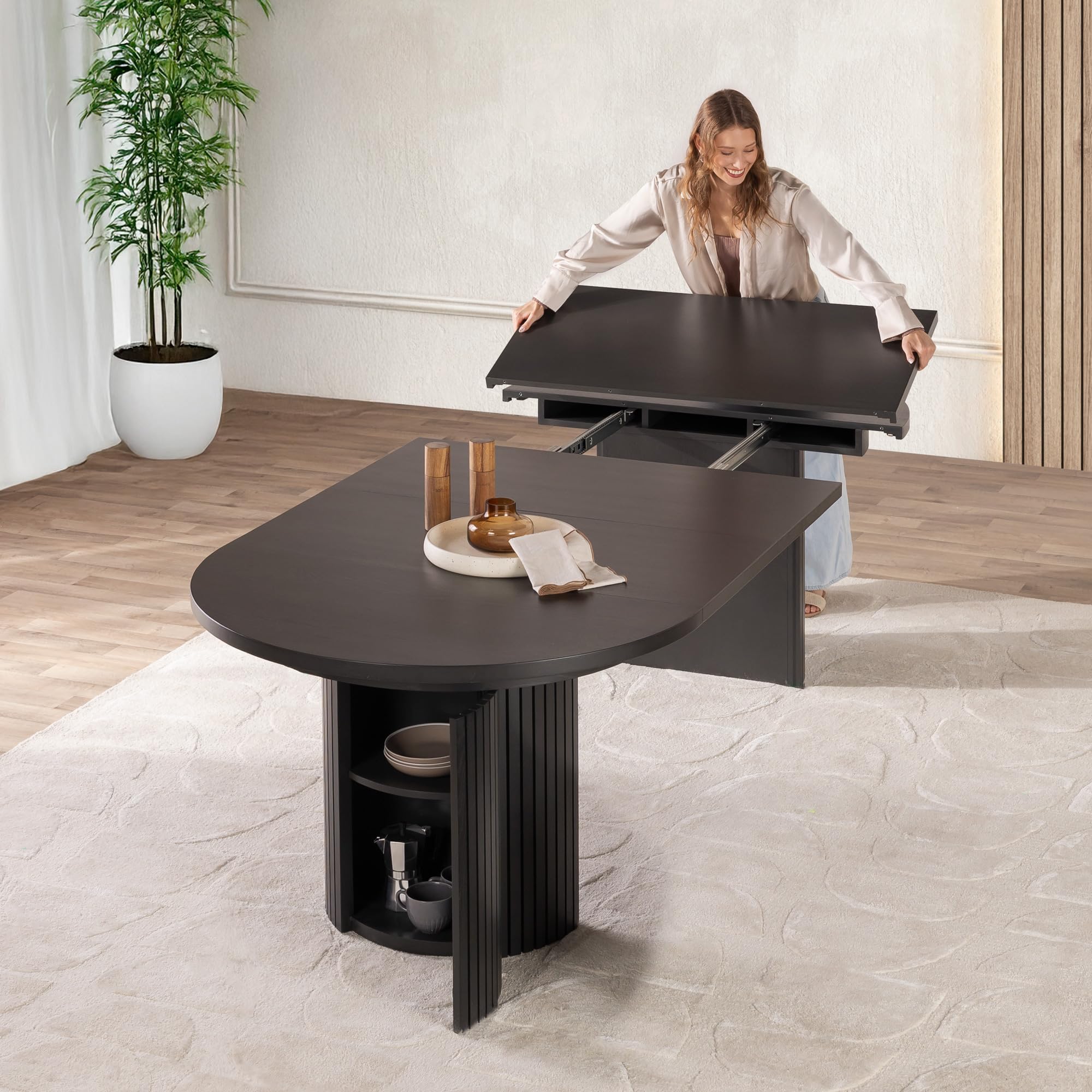 Transformer Round Extendable Dining Table – Solid Wood Expandable Round Kitchen & Dining Room Table for 4 to 10, Space-Saving Modern Furniture (Black, Table Only)