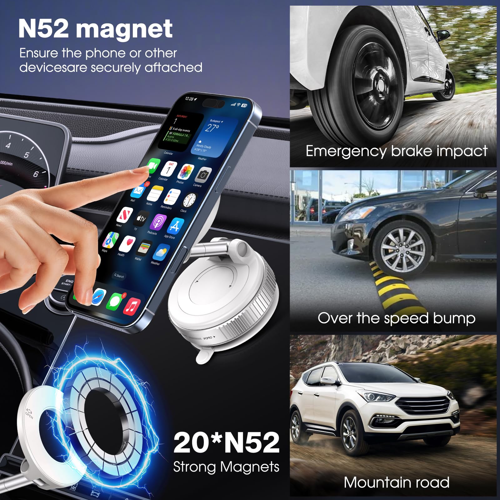 Soporte magnético giratorio de 360° para teléfono, plegable y retráctil, manos libres, ventosa para coche, gimnasio, espejo, superficie lisa, compatible con iPhone Android y todos los smartphones