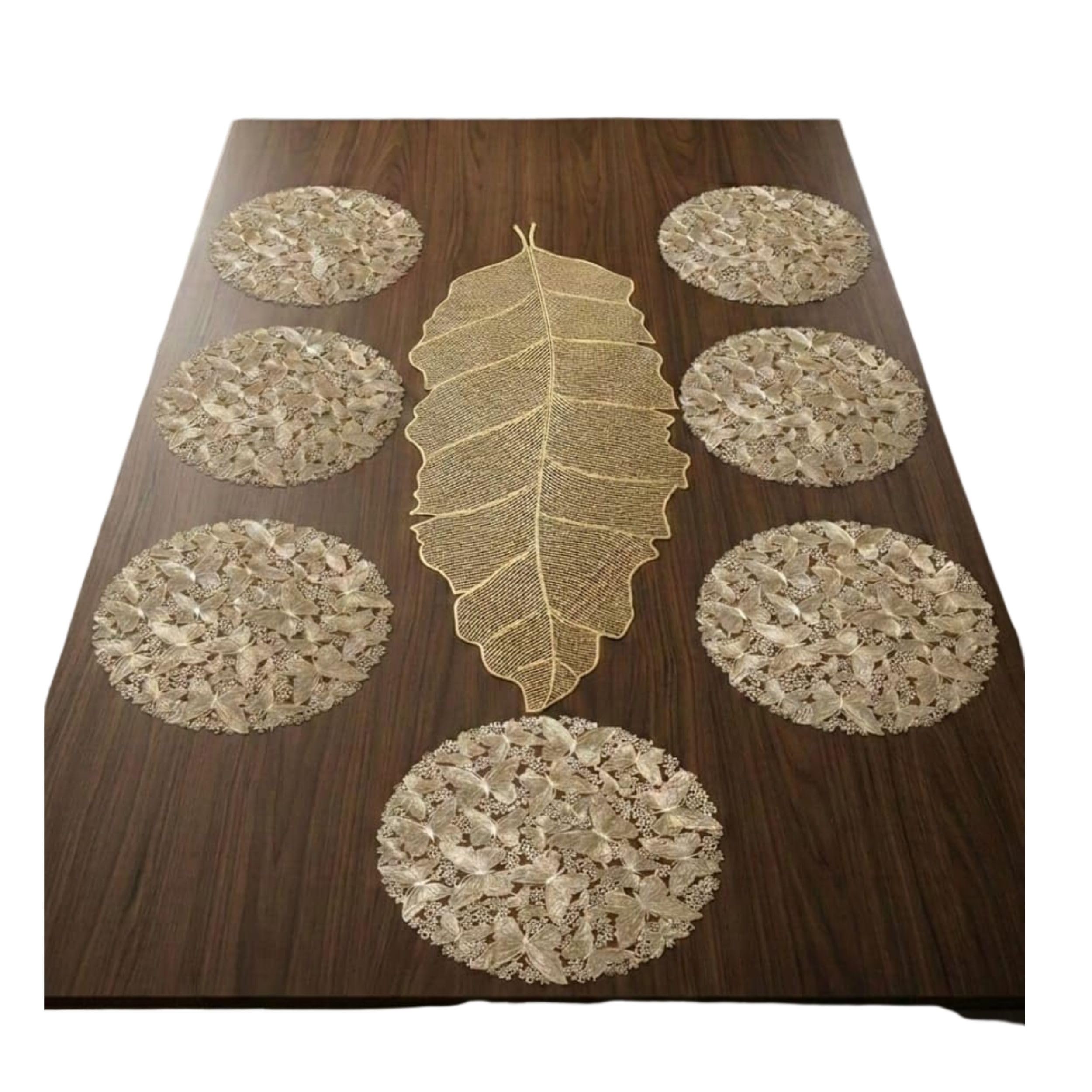 leaf shape table runner with 8 dining table placemats set heat resistant washable table mats combo for home kitchen dining use (luxury butterfly round mat+ leaf table runner, pack of 7 (6+1))