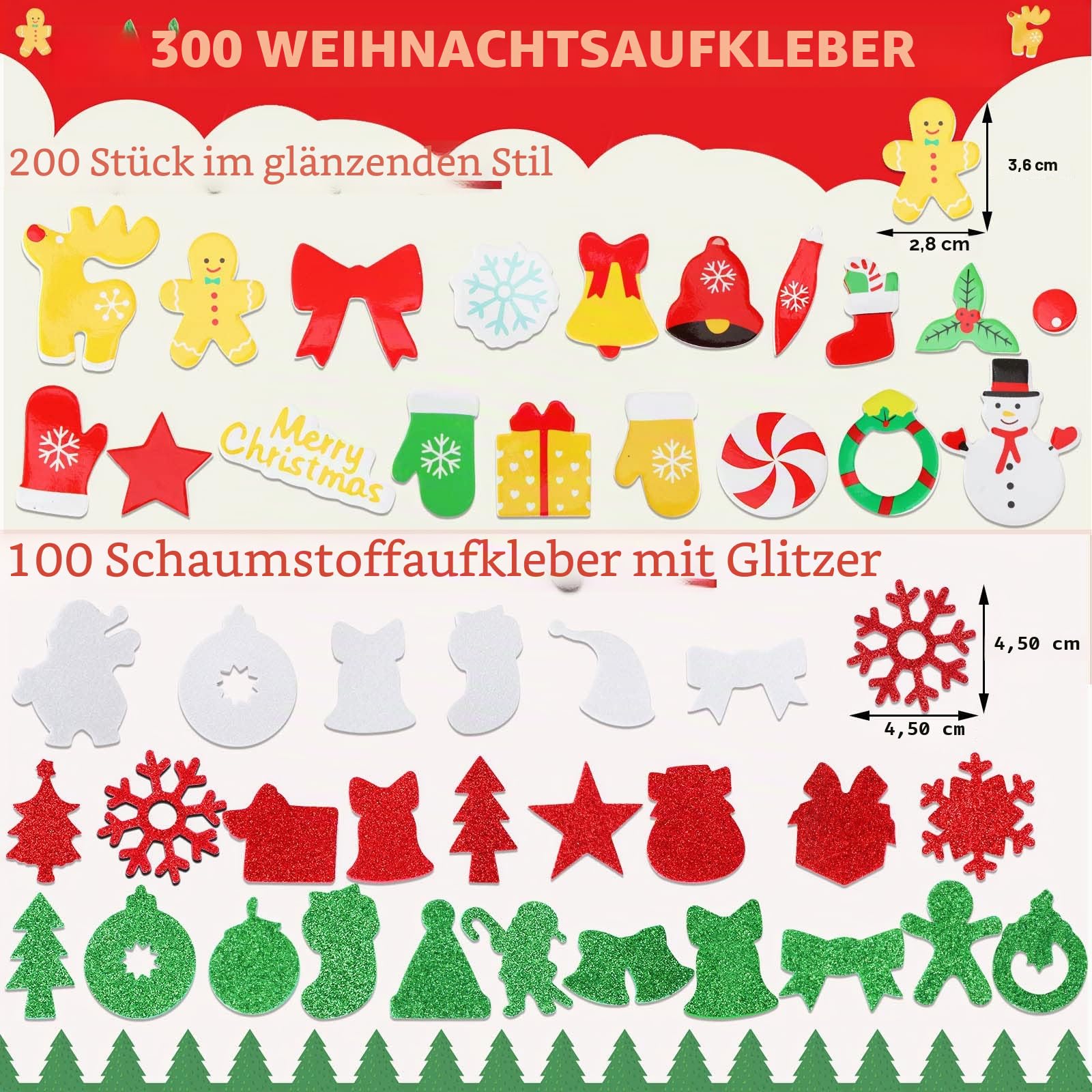 Glitzernde Weihnachtssticker, JULBEAR 300 Stück Selbstklebende Moosgummi Weihnachtsaufkleber Deko Weihnachten Schaumstoff Sticker DIY Filz Weihnachten Aufkleber für Party Basteln Dekoration
