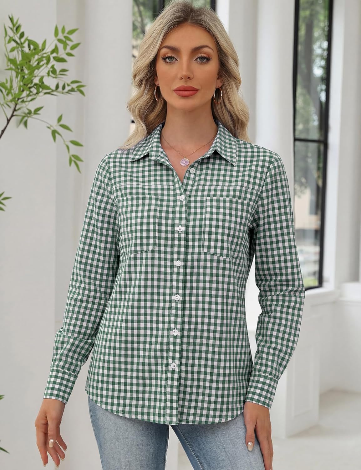 Kistore Womens Button Down Shirts Striped Linen Long Sleeve Blouses Business Casual Office Work Tops Loose Fit with Pockets - Image 3