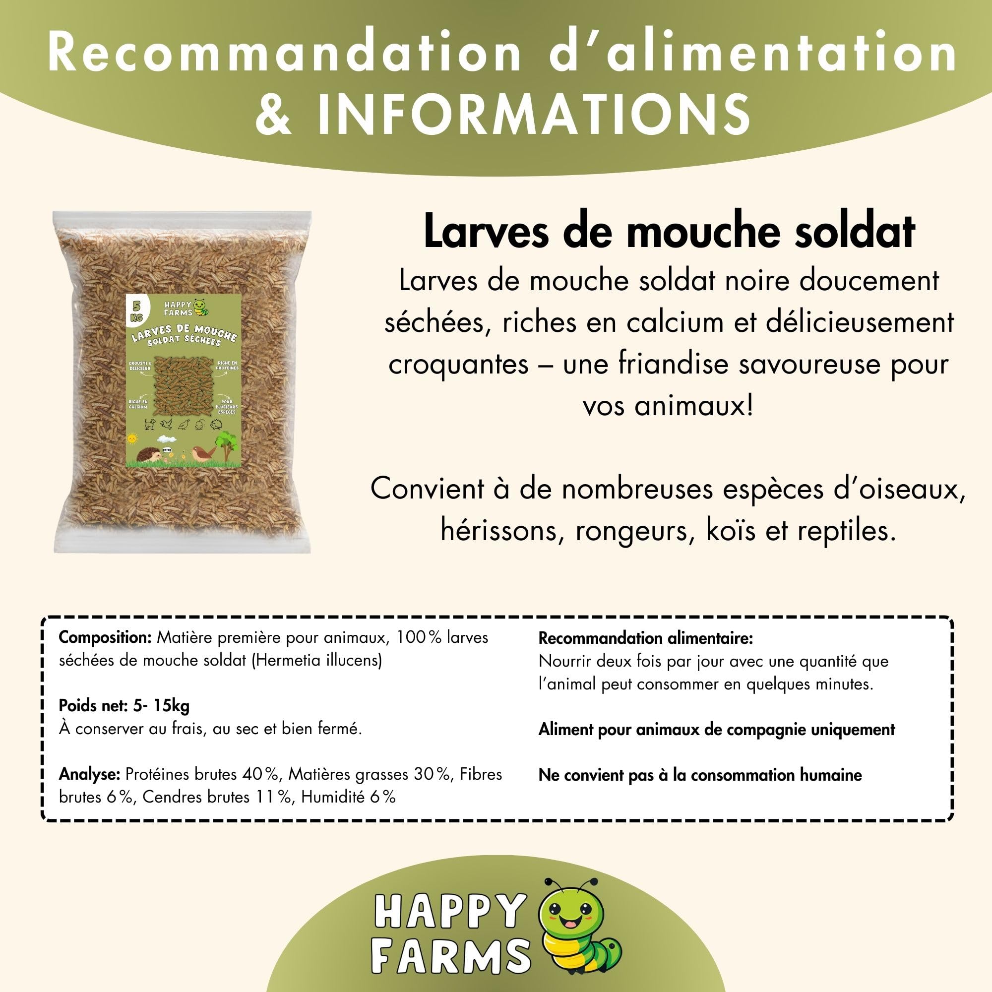 Larves de Mouches Soldats séchées 10 kg – Nourriture Naturelle Riche en protéines et Calcium pour Oiseaux Sauvages et hérissons – Alternative aux vers de Farine