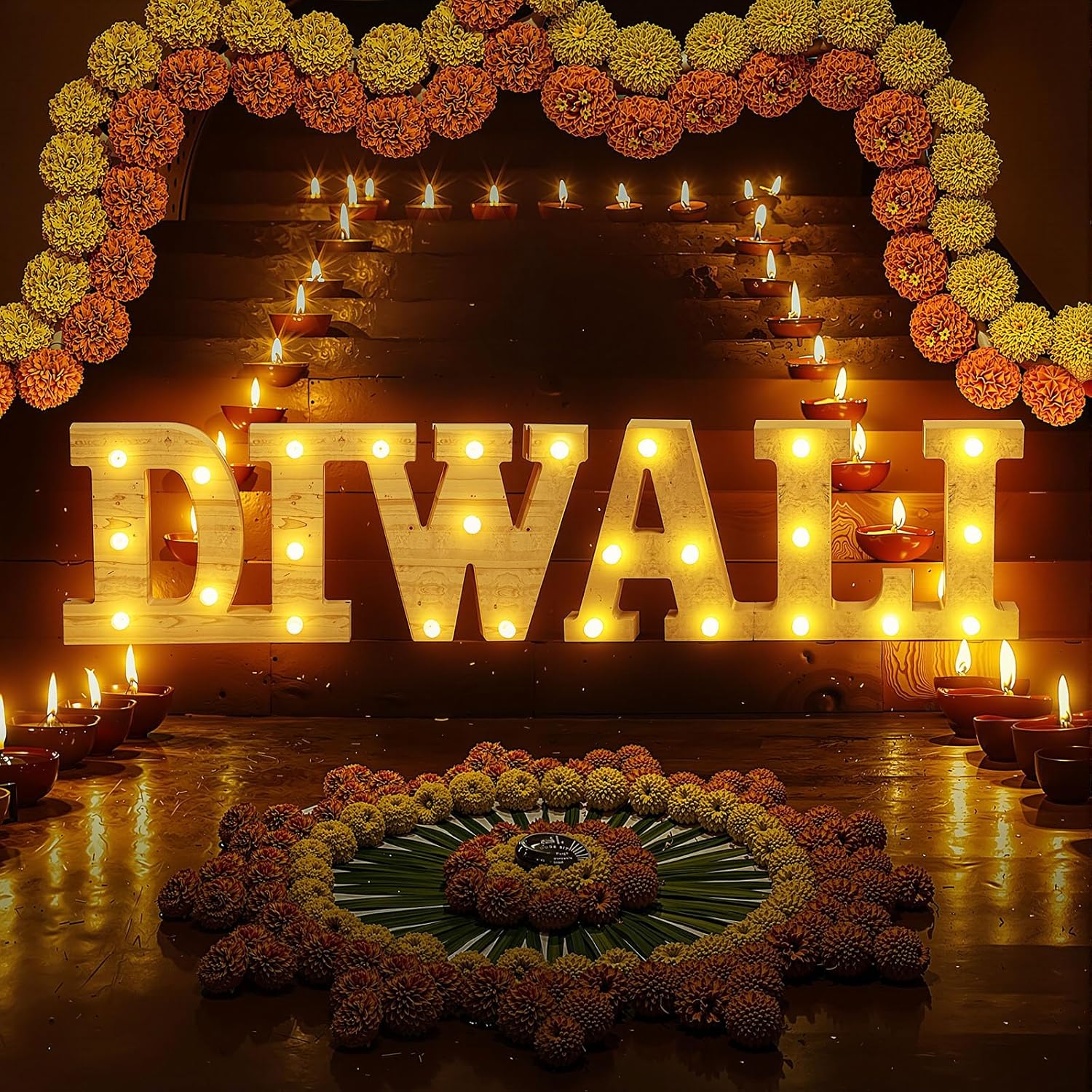 Ganeen 2 Pcs Wooden Diwali Light up Letters 6.3 Inch LED Long Marquee Light up Letters Diwali Decor Mandir Decoration for Indian Hindu Pooja Room Puja Party Festival Gifts