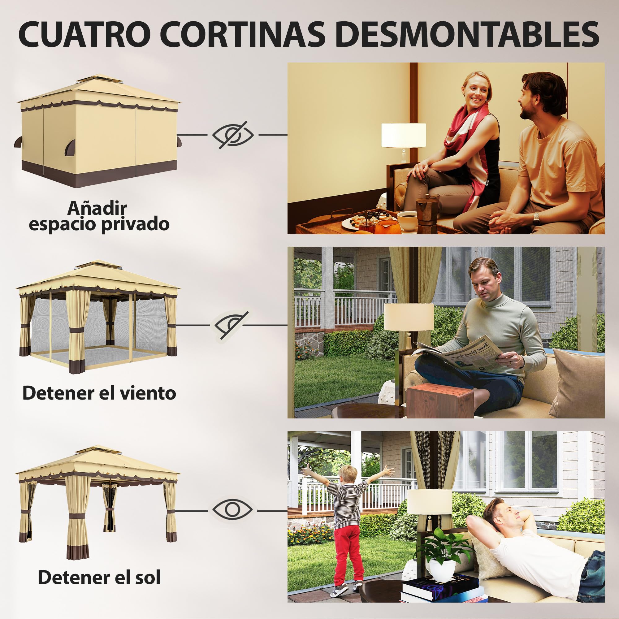 Outsunny Cenador de Jardín 3,7x3 m, Pabellón de Jardín Gazebo con Doble Techo, 4 Cortinas y Mosquitera, Marco de Acero, Orificios de Drenaje, UV30+, para Exterior, Terraza, Patio, Beige
