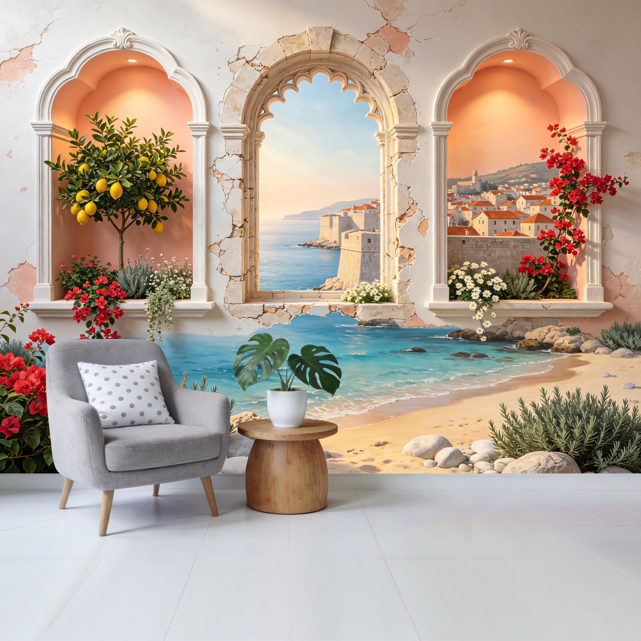 Custom Size Wall Mural Mediterranean Coastal Seaside Village View with Lemon Tree and Bougainvillea Removable Self Adhesive Fabric Home Wall Decor for Living Room Bedroom Bathroom