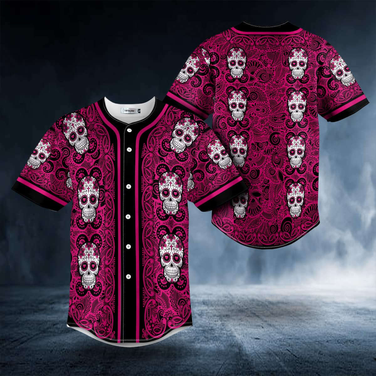 Mens Womens 3D Baseball Jersey Shirt - Skull Pattern Of Sugar Skull Pink Baseball Jersey Casual Button Down Shirts Short Sleeve Clothing for Men Women