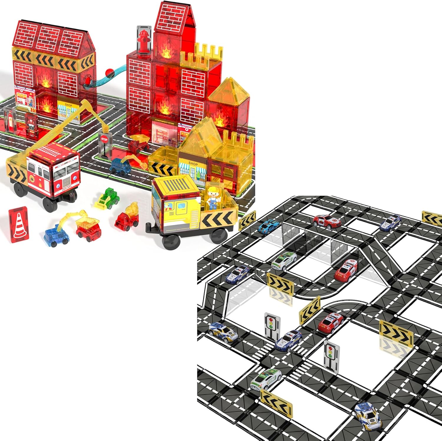 100PCS Magnetic Tiles for Fire, Construction & Road Themes with Fire Truck & Station, Building, Road, Crane & Car Toys - STEM Toys for 3+ Year Old