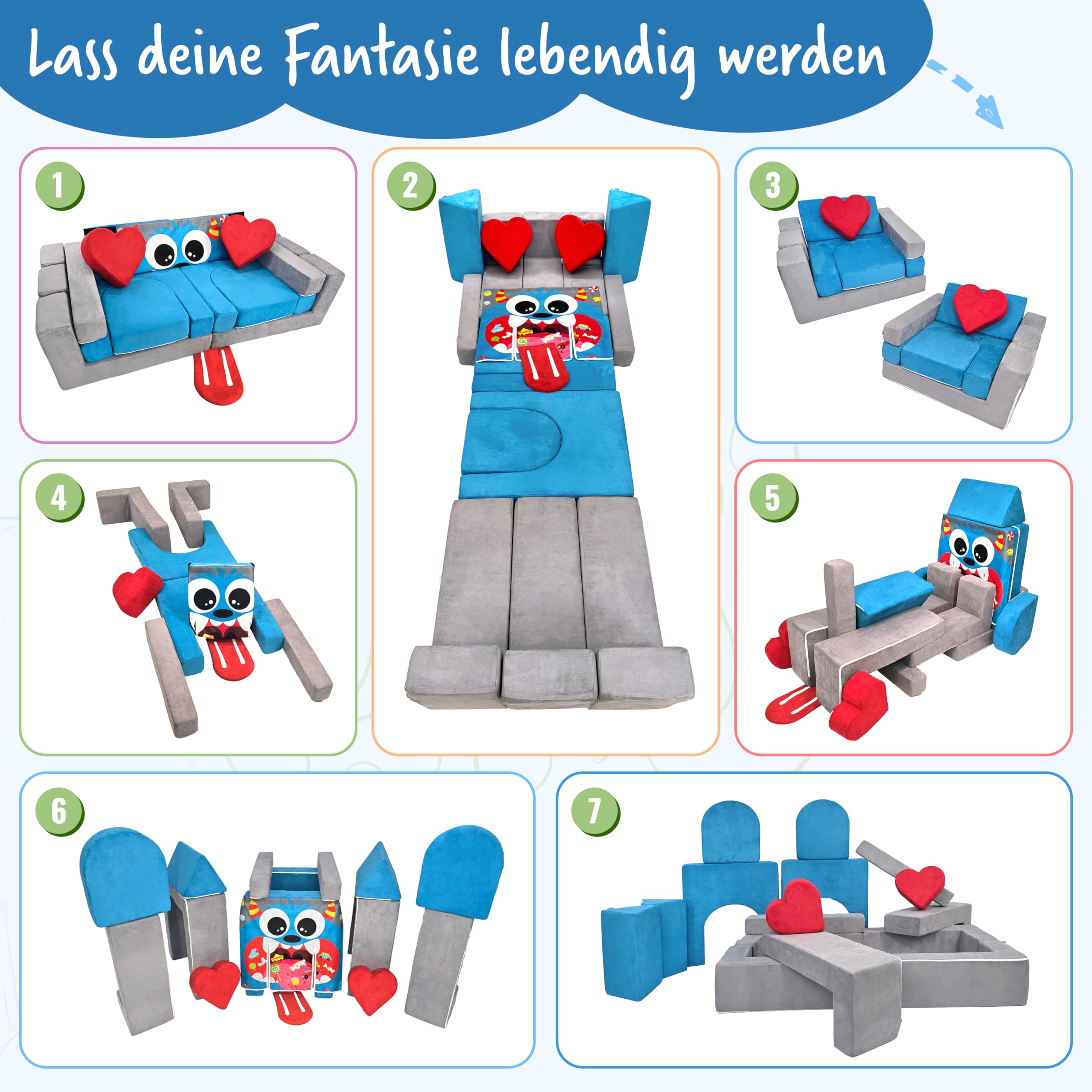 HAPPS Spielsofa – modulares Kindersofa & Kuschelecke – 18 Teile, 12 cm Polsterdicke – waschbare Bezüge & verdeckte Reißverschlüsse – Spielcouch zum Bauen, fördert Kreativität